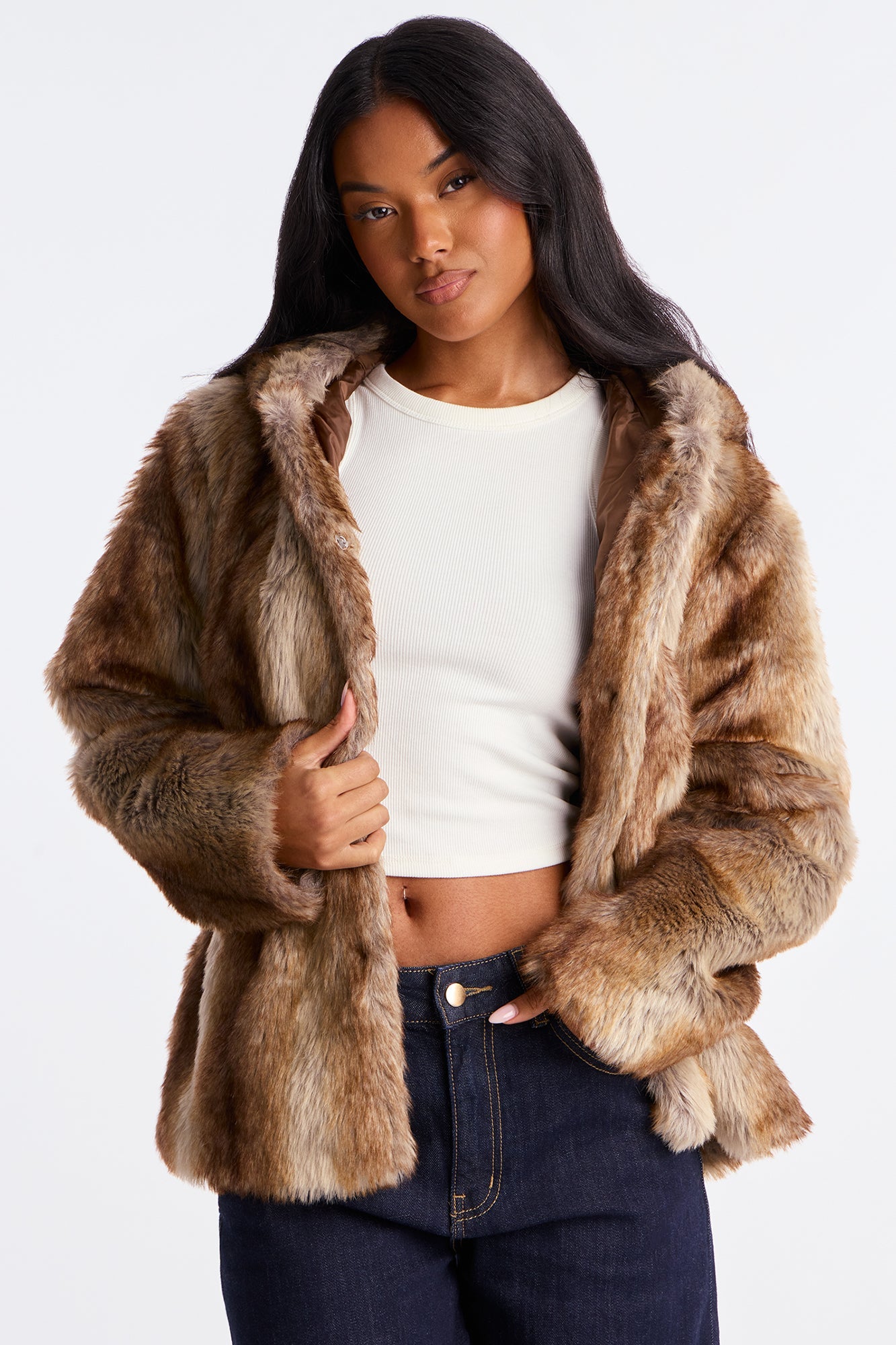 About The Drama Hooded Faux Fur Trench - Brown/combo
