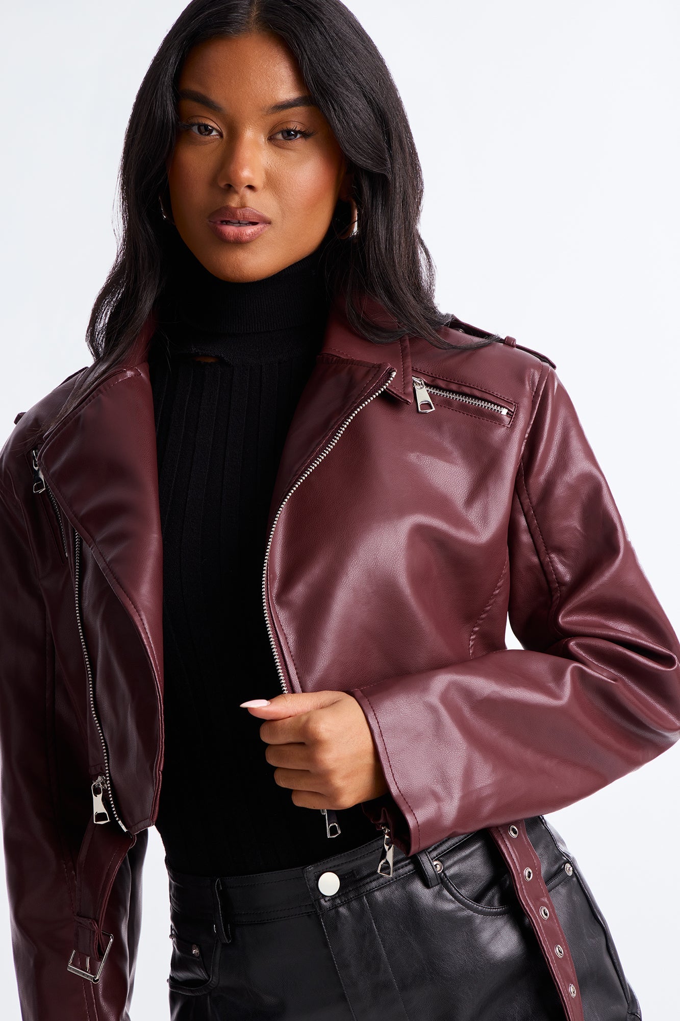 Total Drama Cropped Moto Jacket - Burgundy