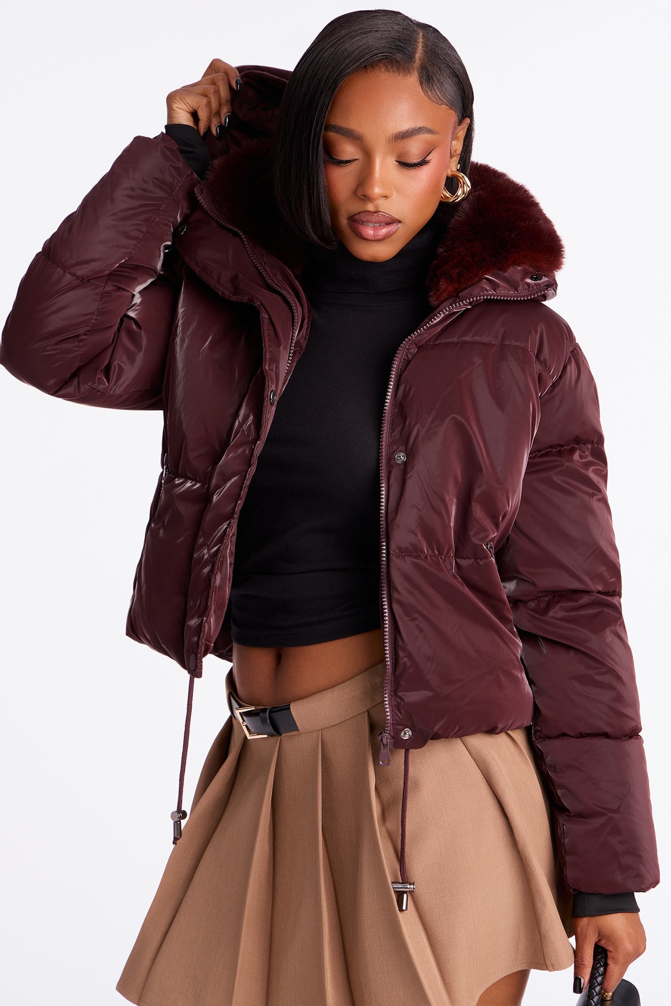 Snowed In Fur Trim Hooded Puffer Jacket - Wine