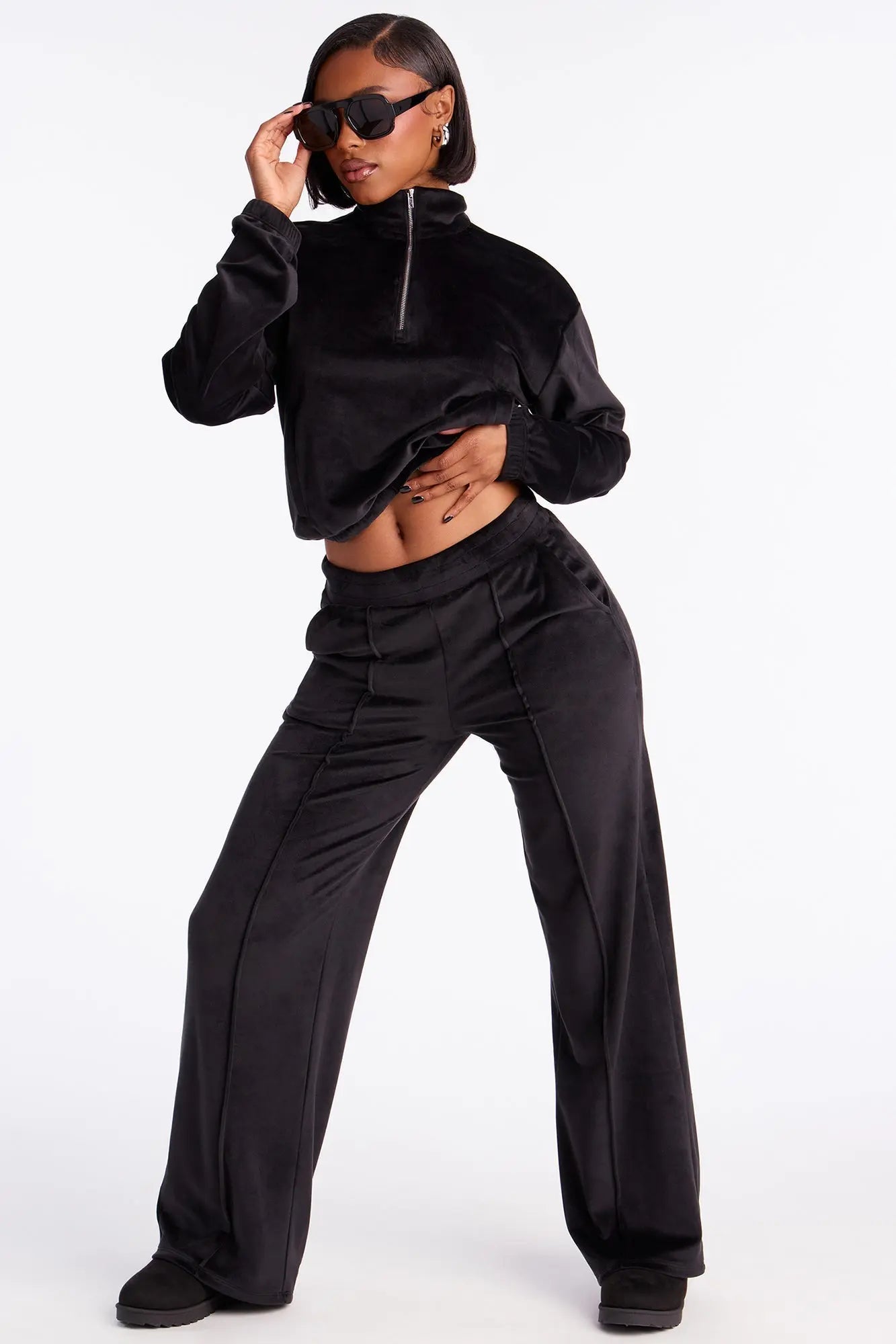 Pause For Now Quarter Zip Velour Pant Set - Black