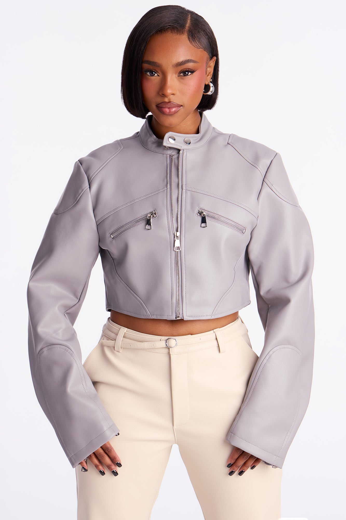 Mina Cropped Faux Leather Moto Jacket - Grey