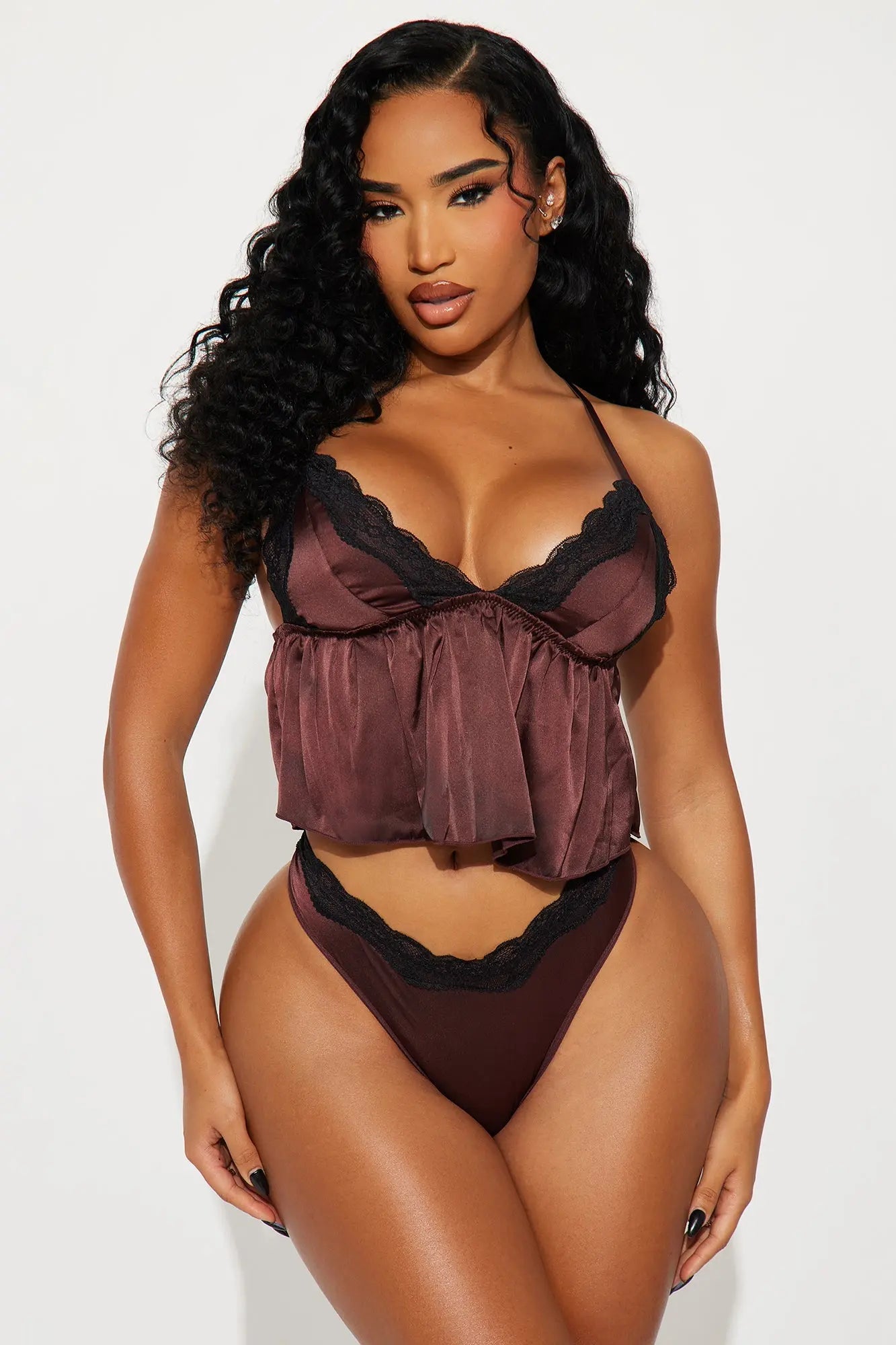 Not Your Wifey Satin Lace Trim Cami Panty 2 Piece Set - Chocolate/Combo