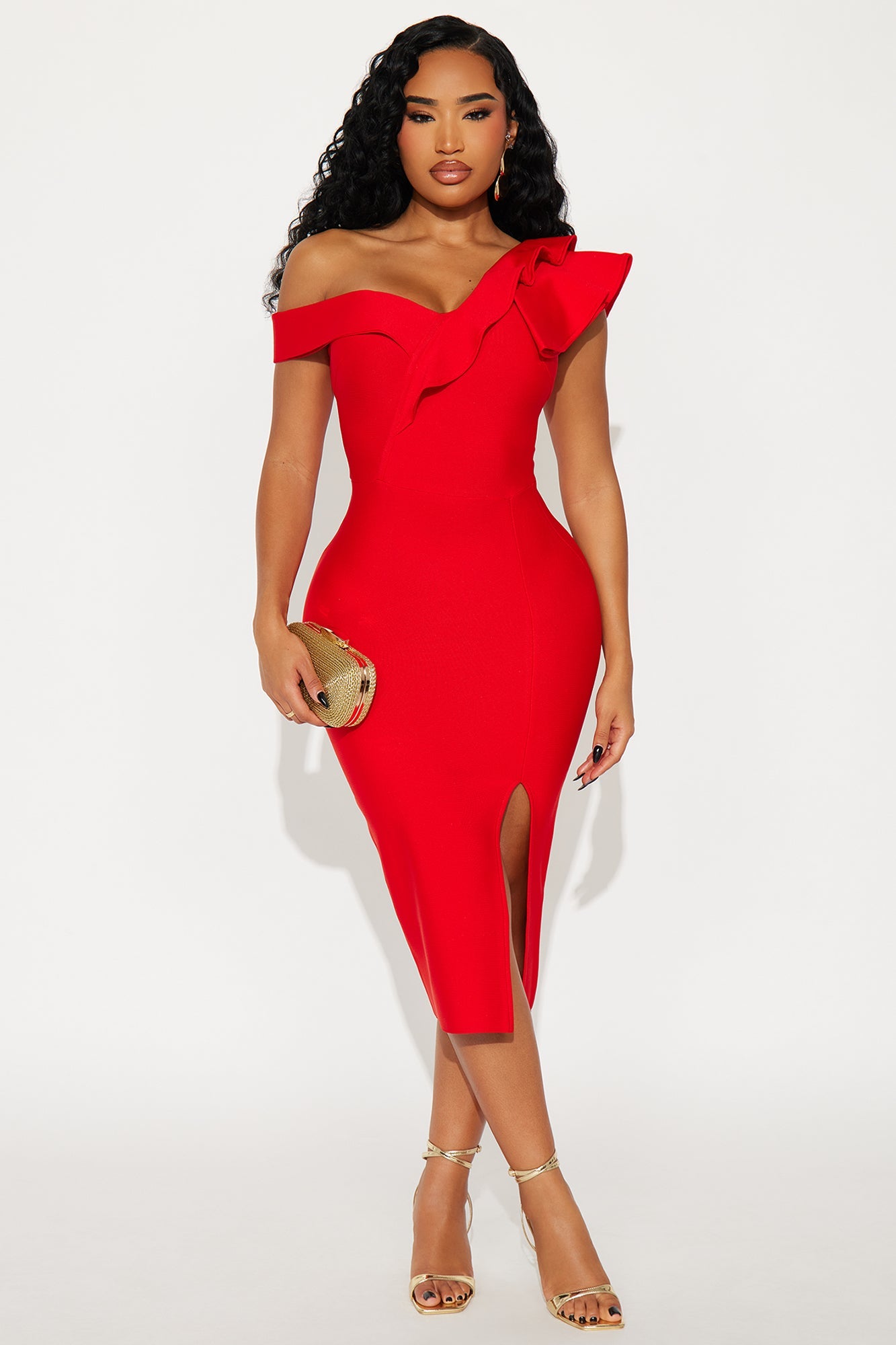 Riley Ruffle Bandage Midi Dress - Red