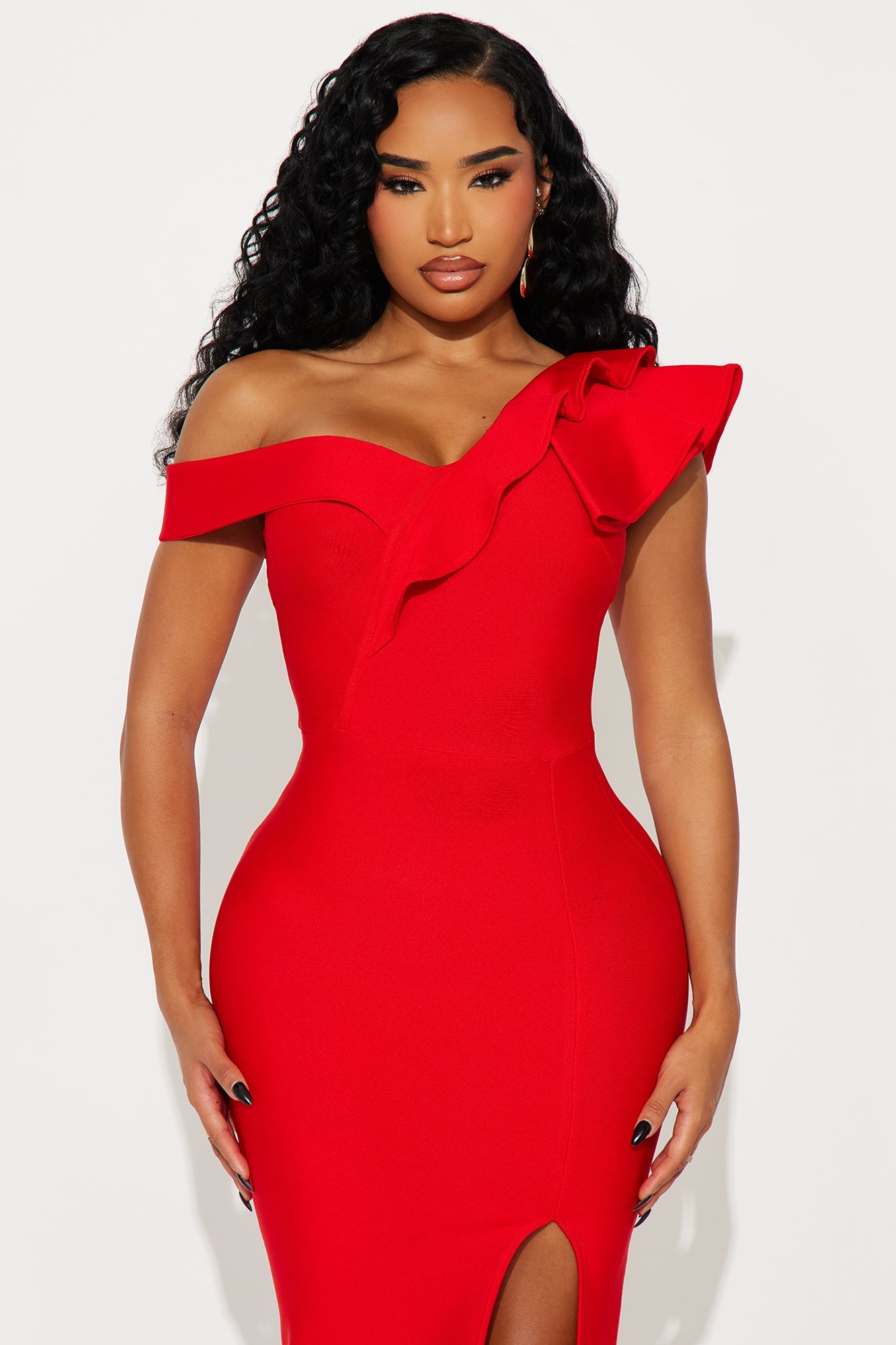 Riley Ruffle Bandage Midi Dress - Red