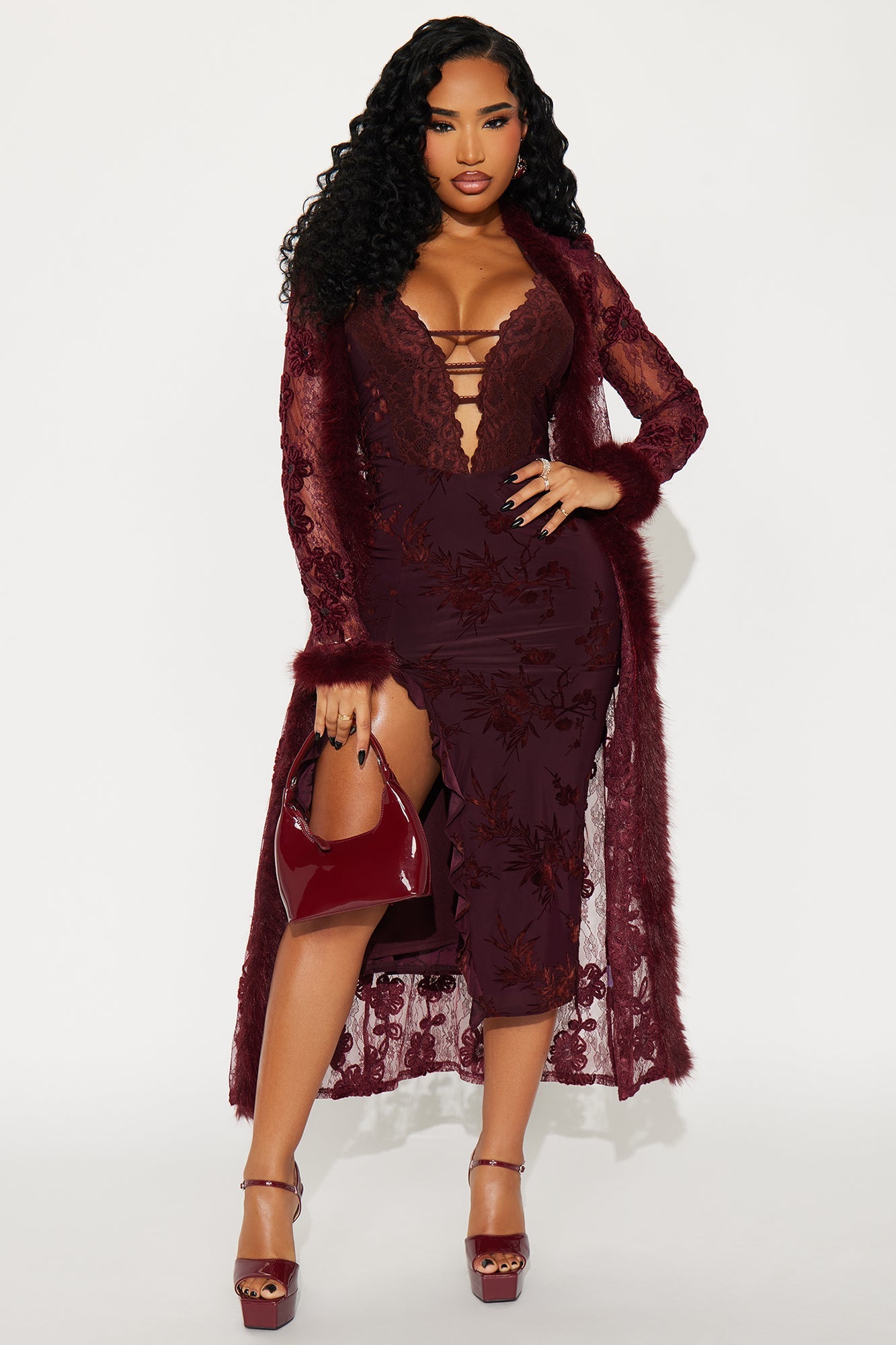 Kyla Flocked Mesh Midi Dress - Burgundy
