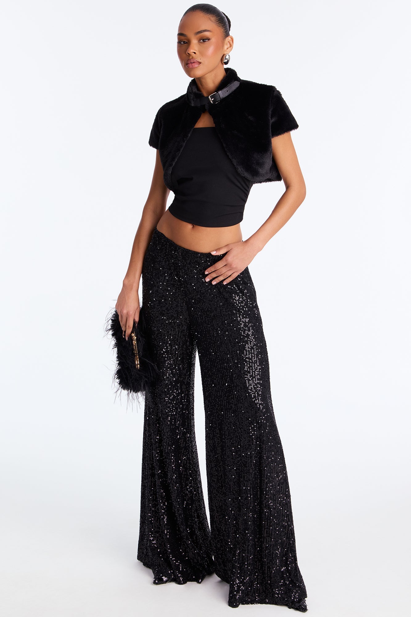 Champagne Wishes Sequin Wide Leg Pant 32″ - Black