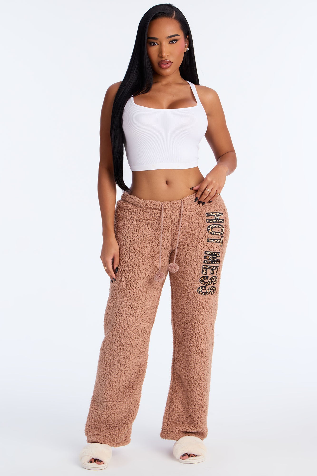 Hot Mess Embroidered Sherpa PJ Pants - Tan