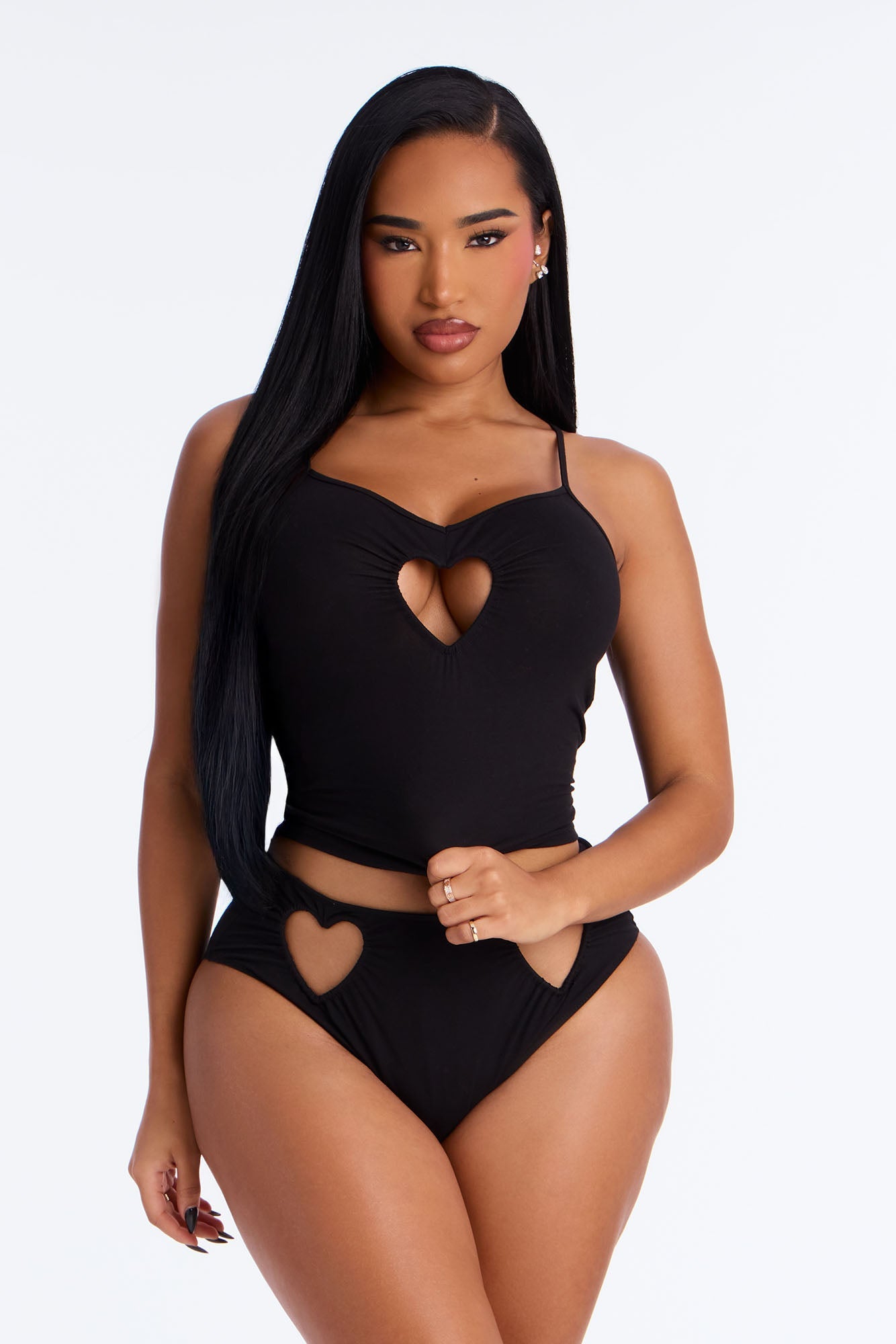 Just A Peek Heart Cotton Cami Tank And Brief Set - Black