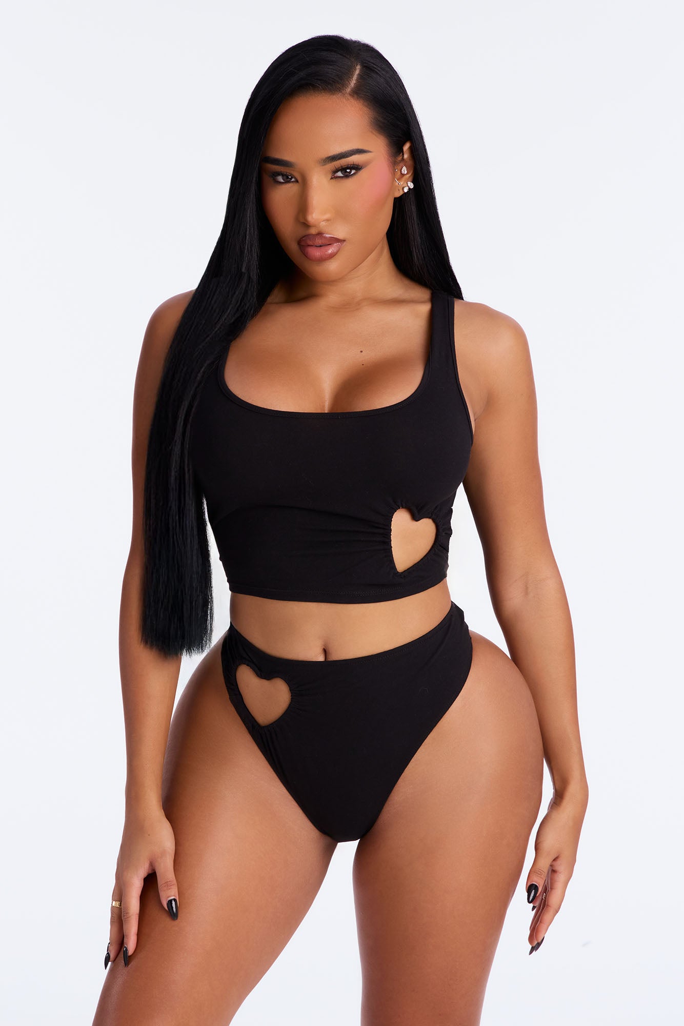 Just A Peek Heart Cotton Tank And Thong 2 Piece Set - Black