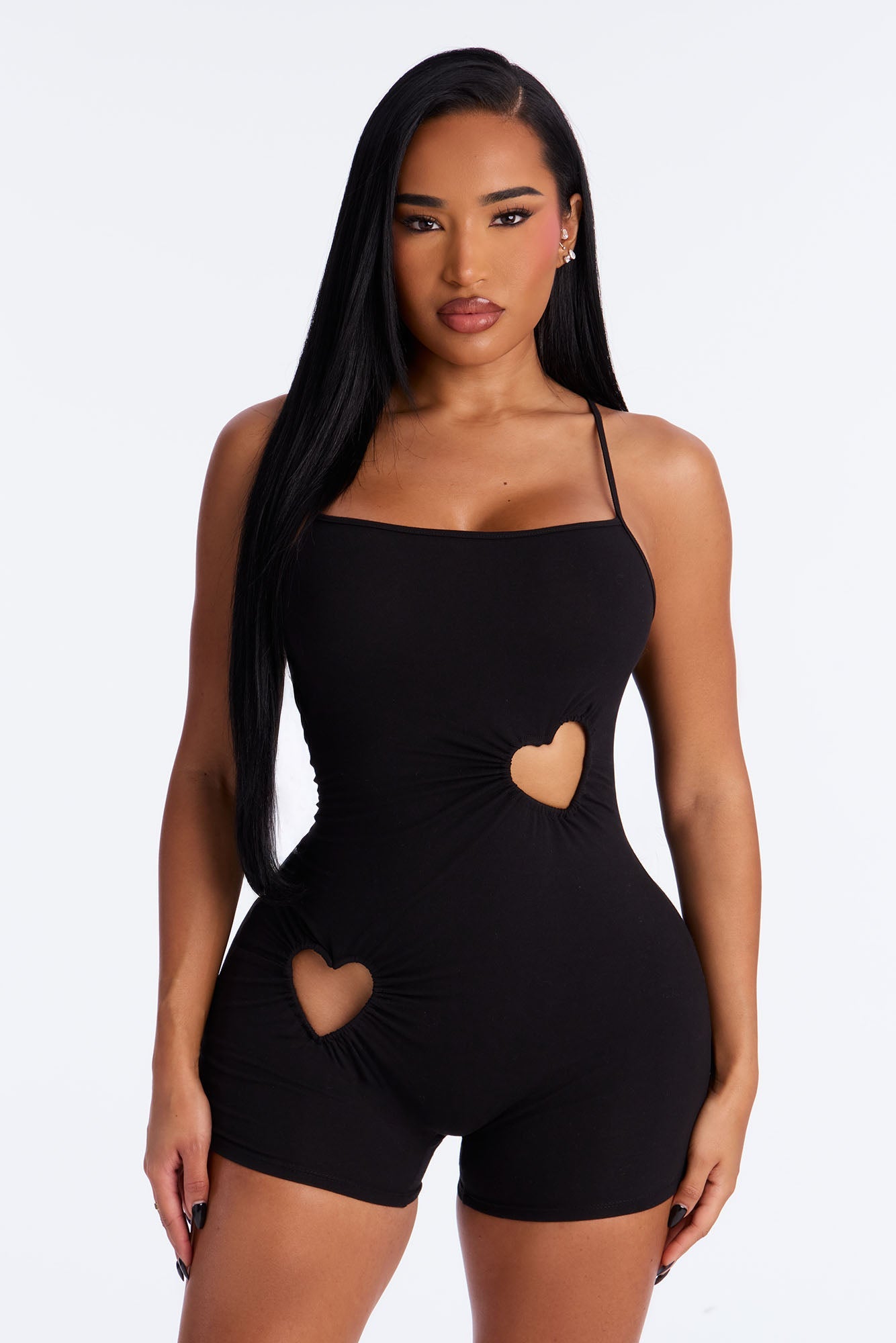 Just A Peek Heart Cotton Cami PJ Romper Onesie - Black