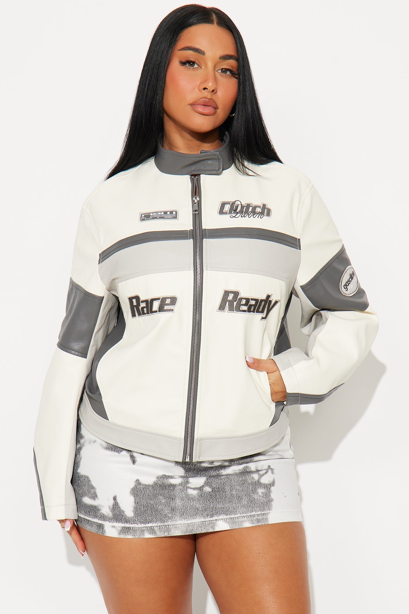Race Ready Oversized Faux Leather Jacket - Cream/combo