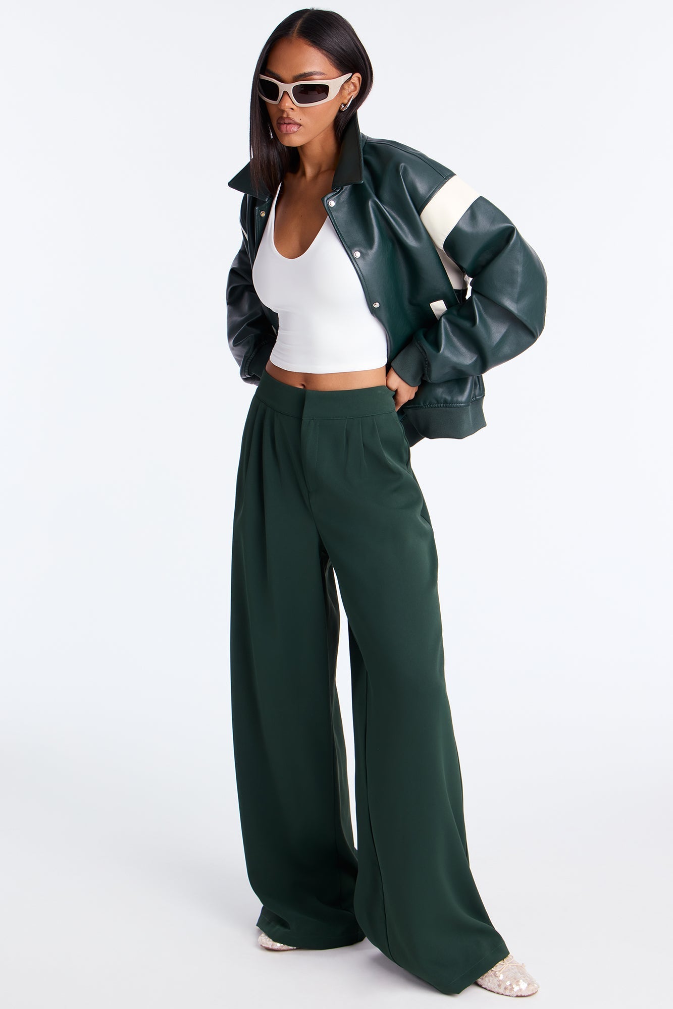 Candice Pleated Wide Leg Trouser Pant 33″ - Hunter