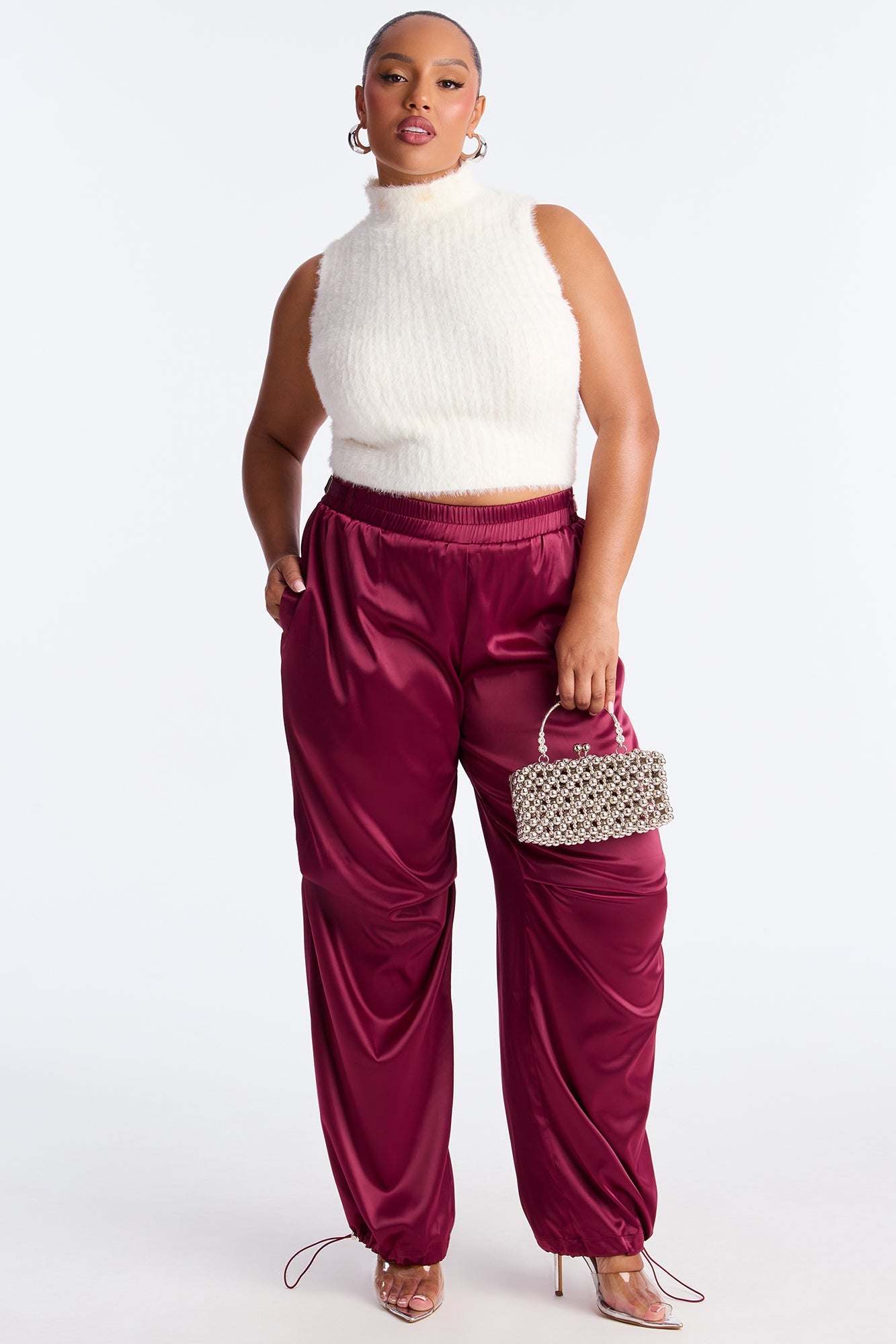 Ambitious Babe Satin Jogger Pant 32 - Burgundy