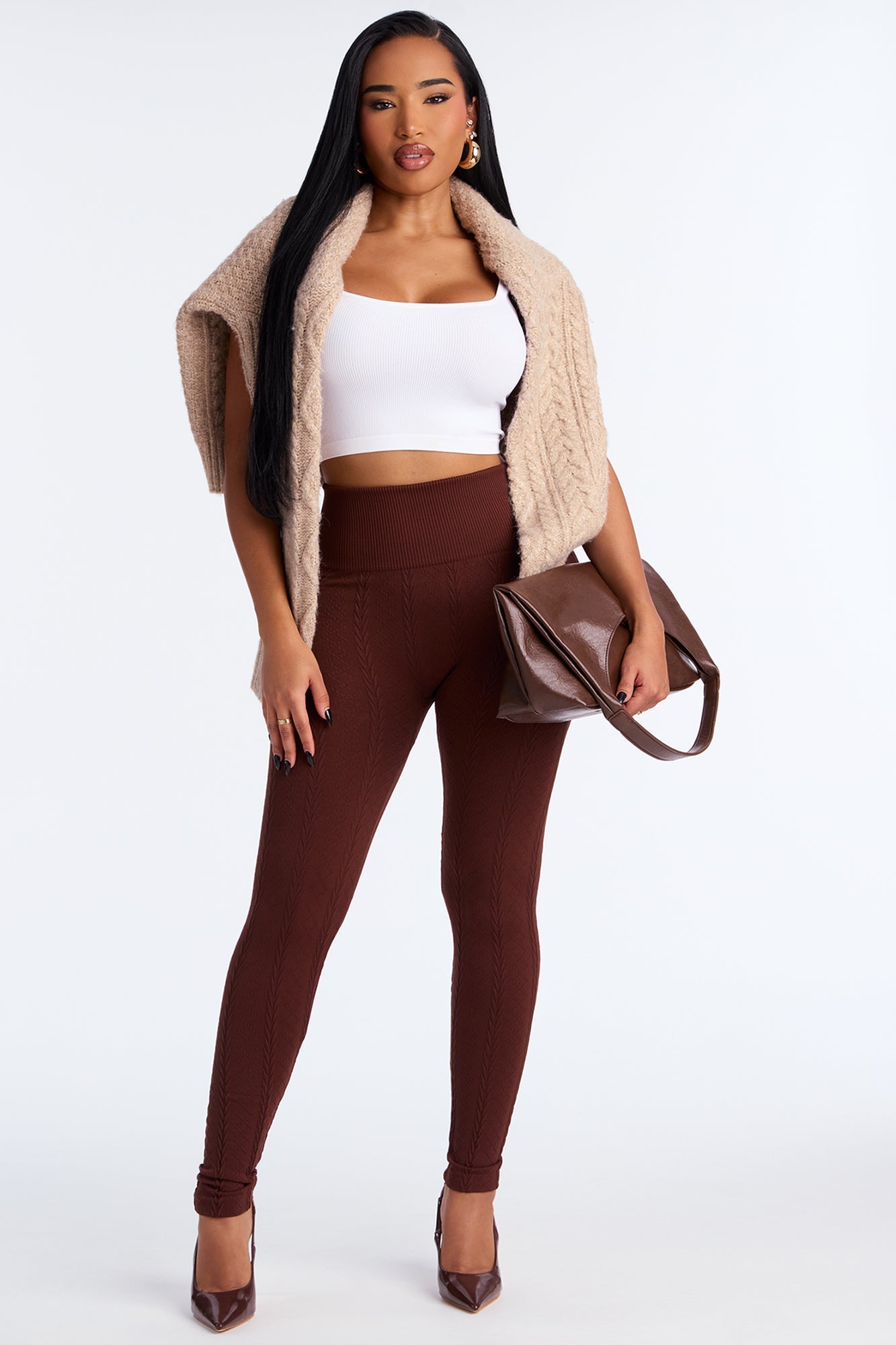 Fireside Cozy Cable Knit Fleece Legging 28″ - Brown