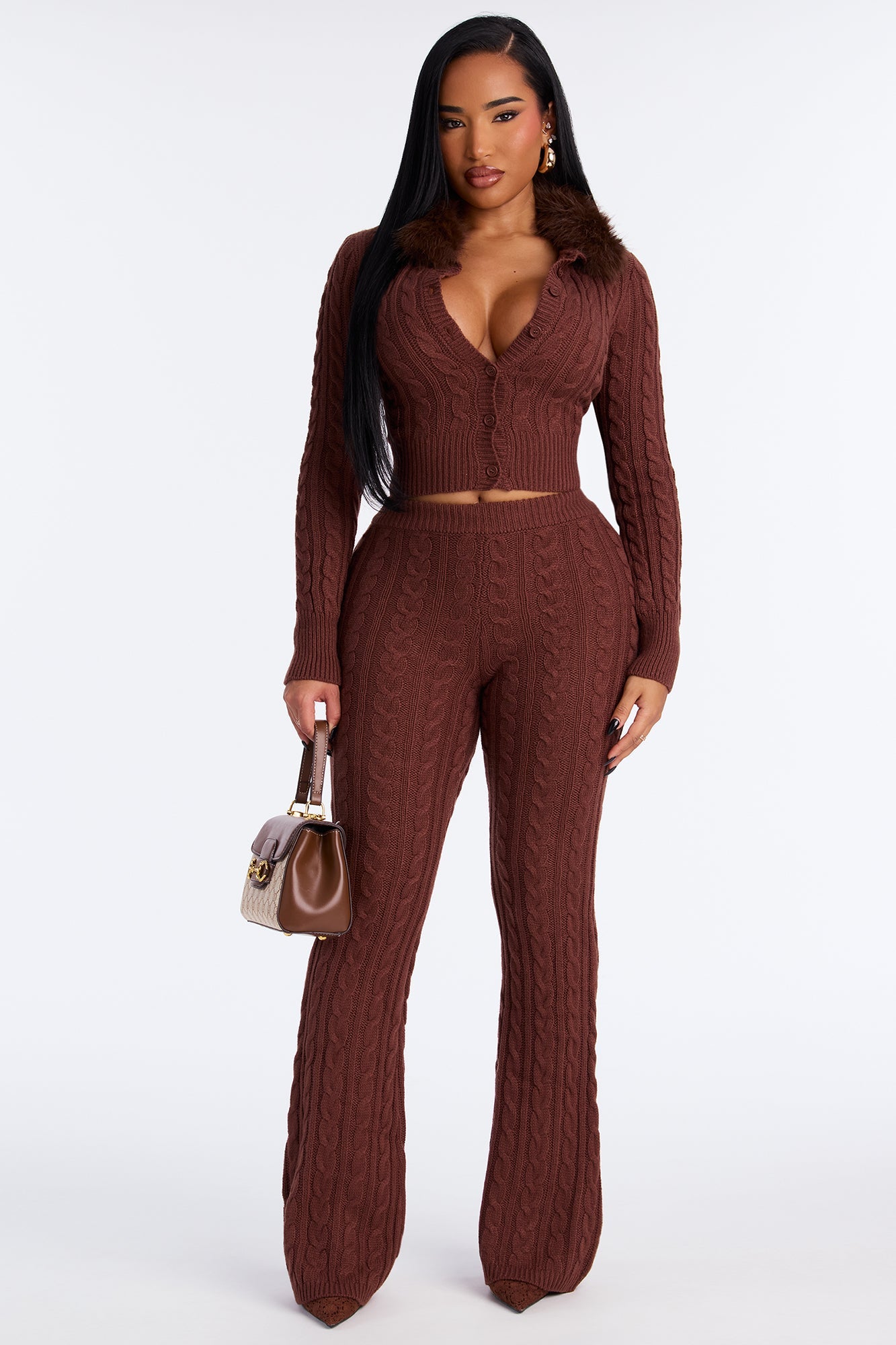 Focus On Us Faux Fur Collar Sweater Pant Set - Chocolate