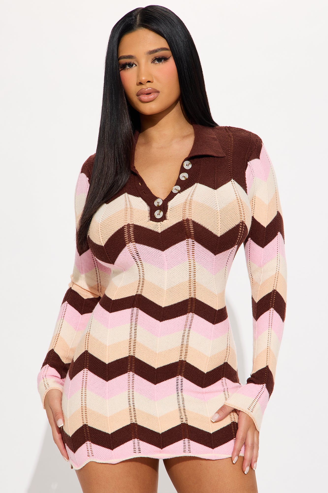 Always Happy Long Sleeve Knit Mini Dress - Pink/combo