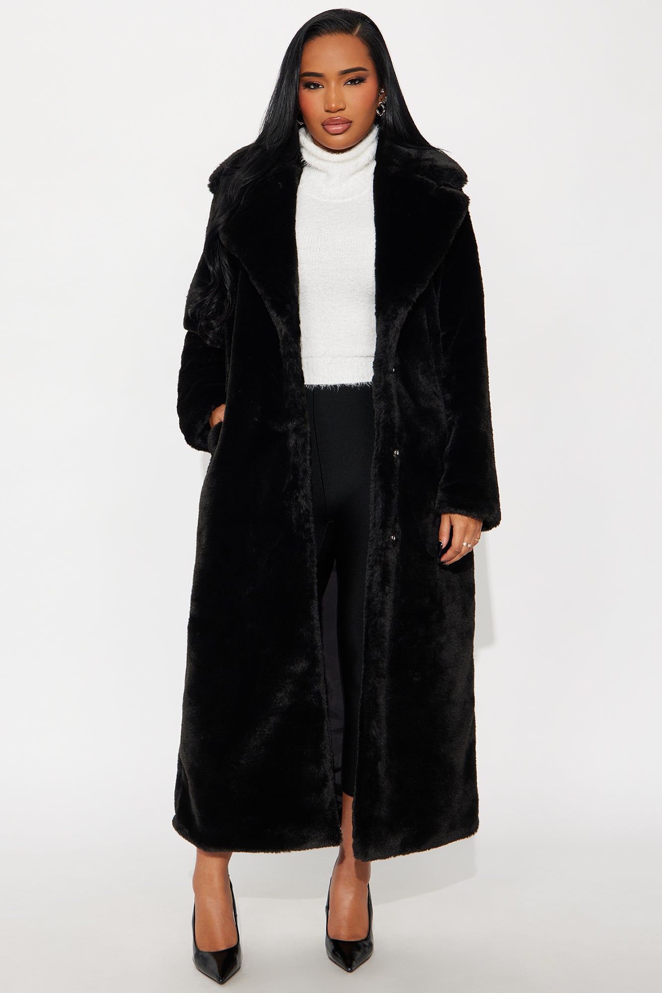 Victoria Faux Fur Trench Coat - Black