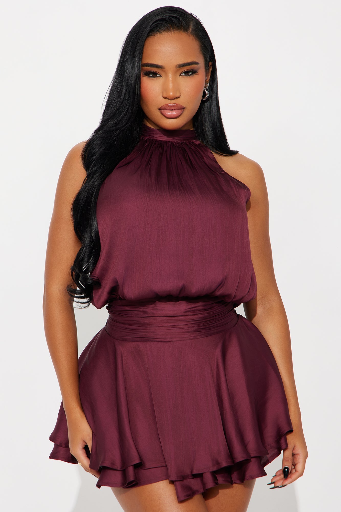 Keeping It Sassy Satin Mini Dress - Wine