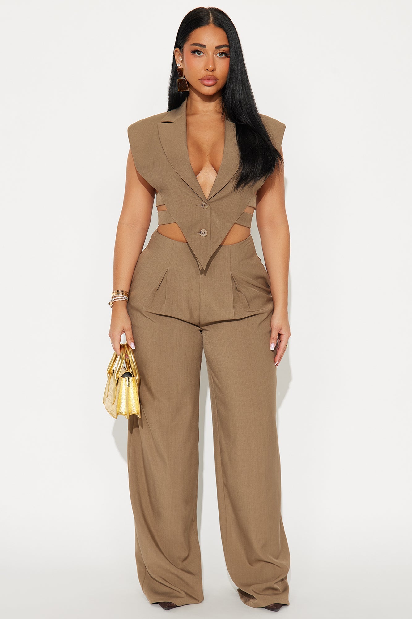 Power Play Bold Shoulder Vest Pant Set - Taupe