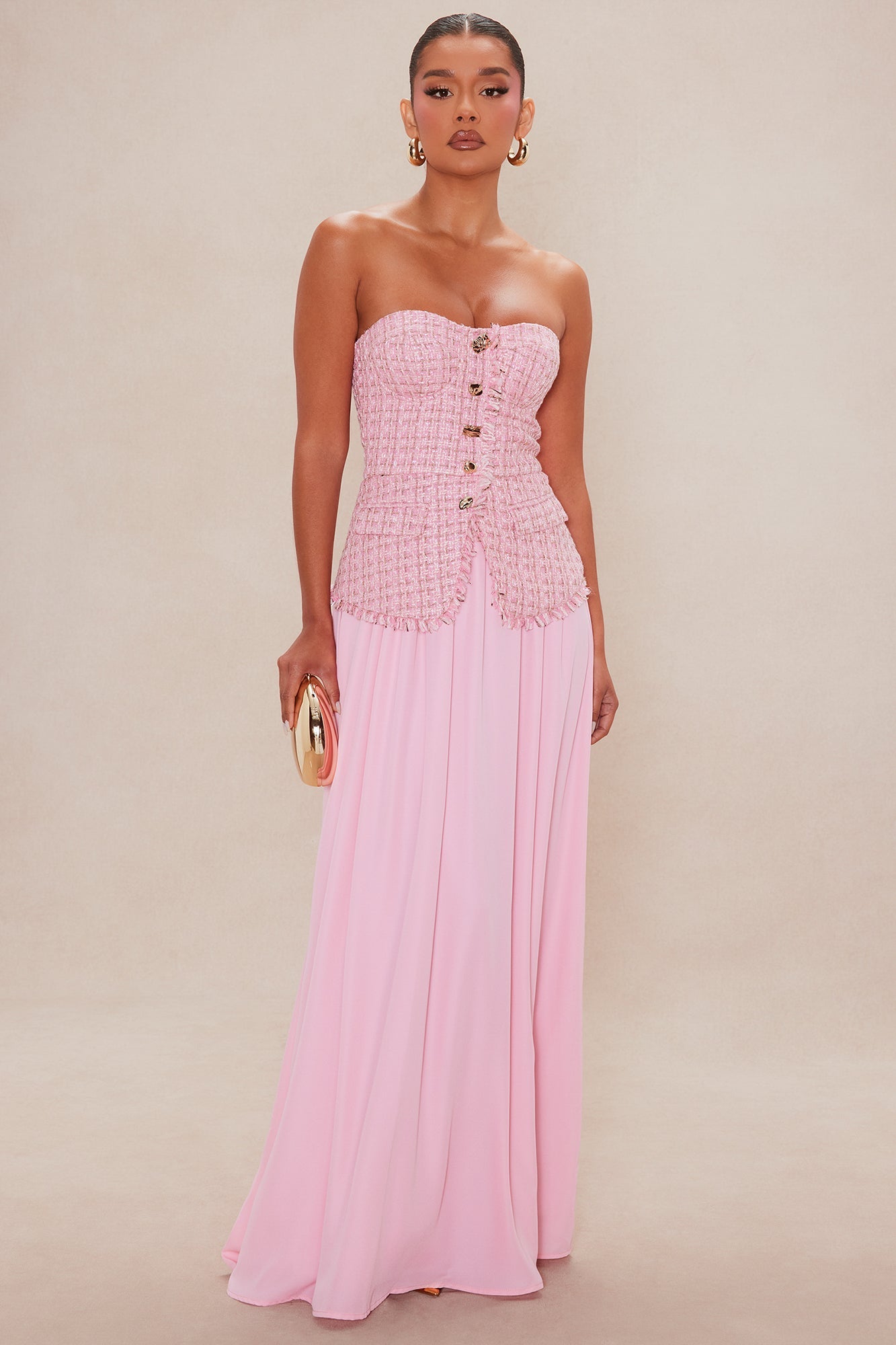 Arabella Tweed Maxi Dress - Pink