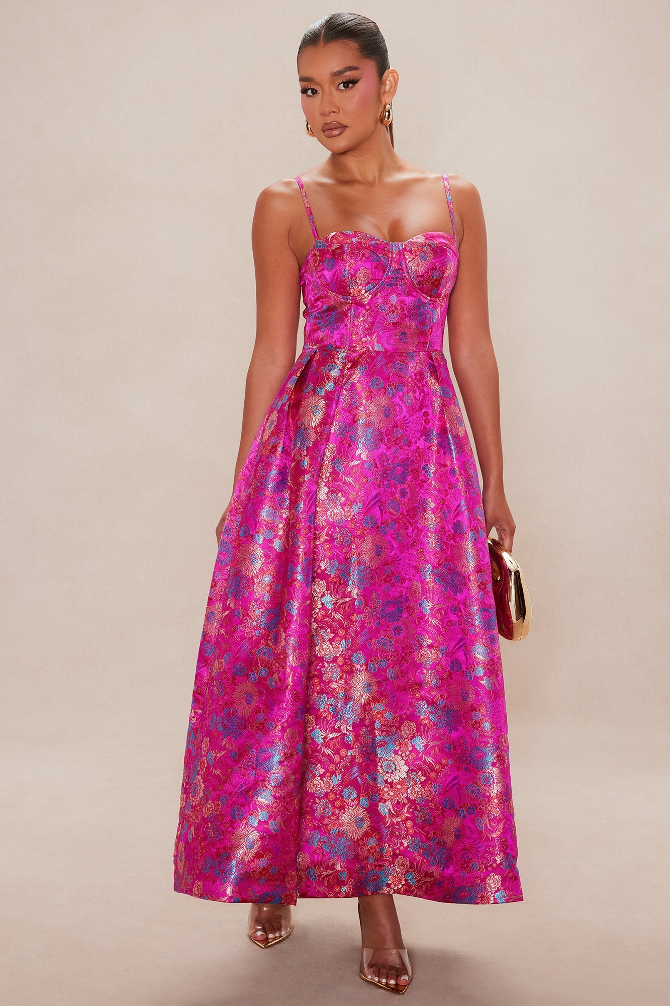 Jessica Satin Floral Midi Dress - Fuchsia