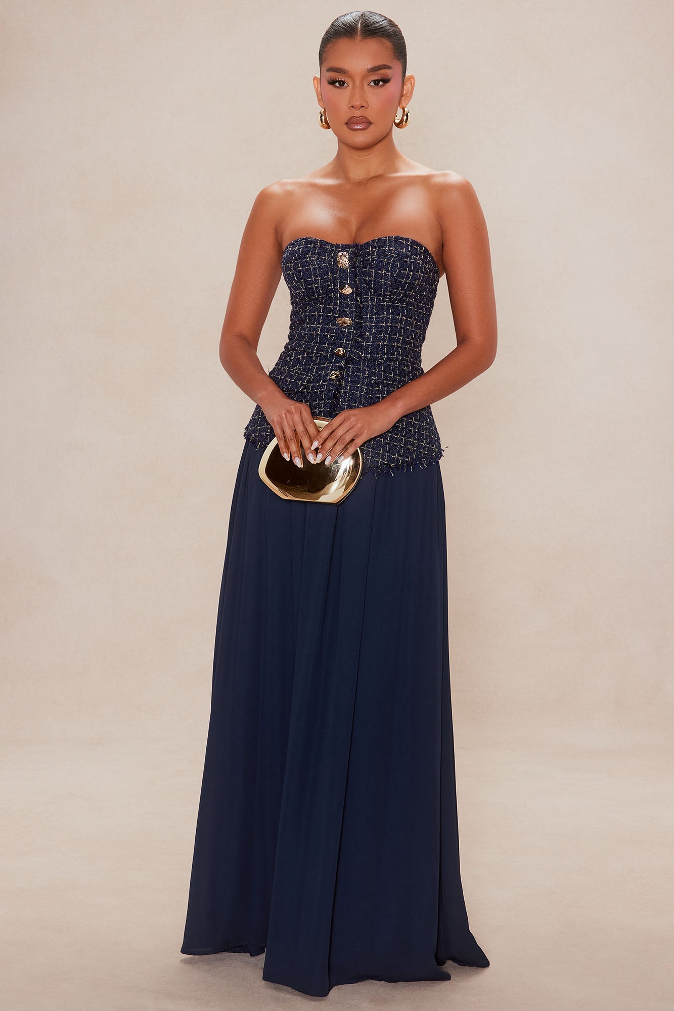 Arabella Tweed Maxi Dress - Navy