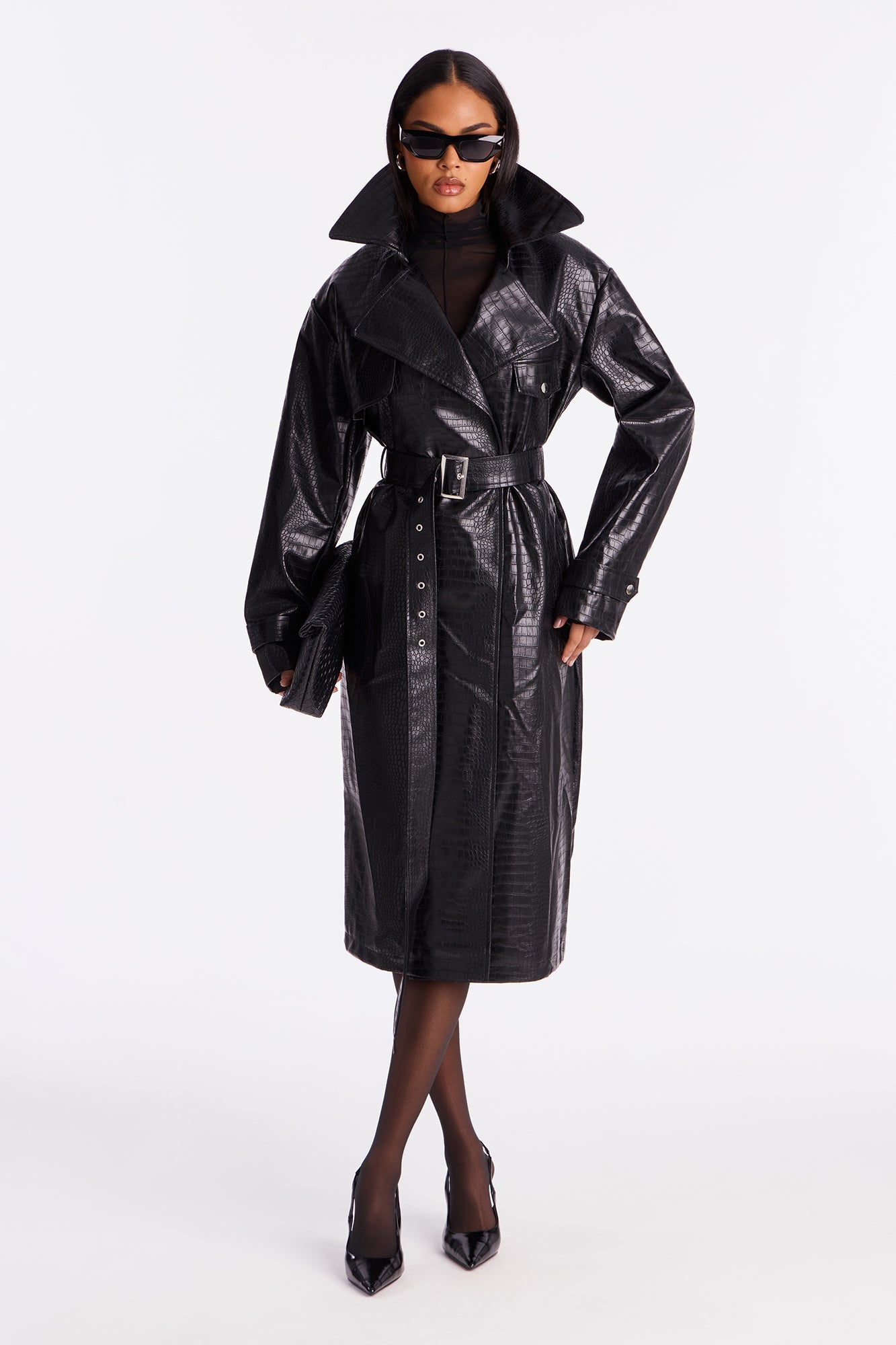 Noah Croc Faux Leather Trench Coat - Black