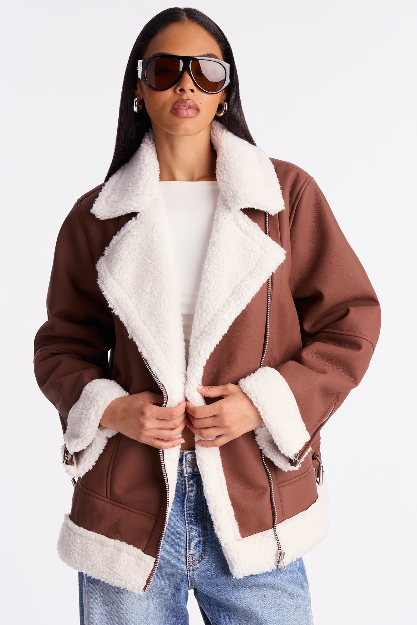 Simone Faux Leather Fur Lined Moto Jacket - Brown