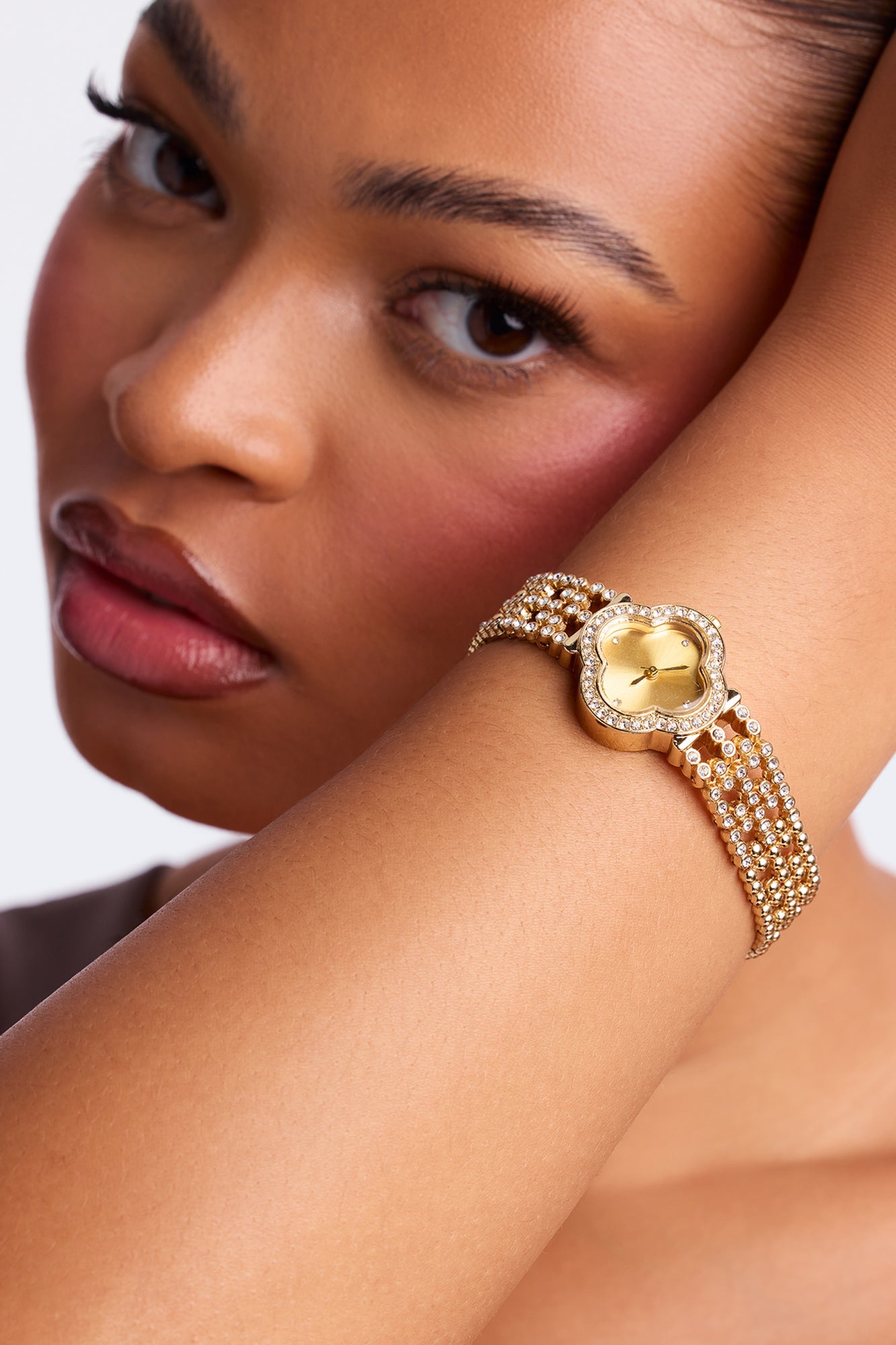 Time Is Up Rhinestone Clover Metal Watch - Gold