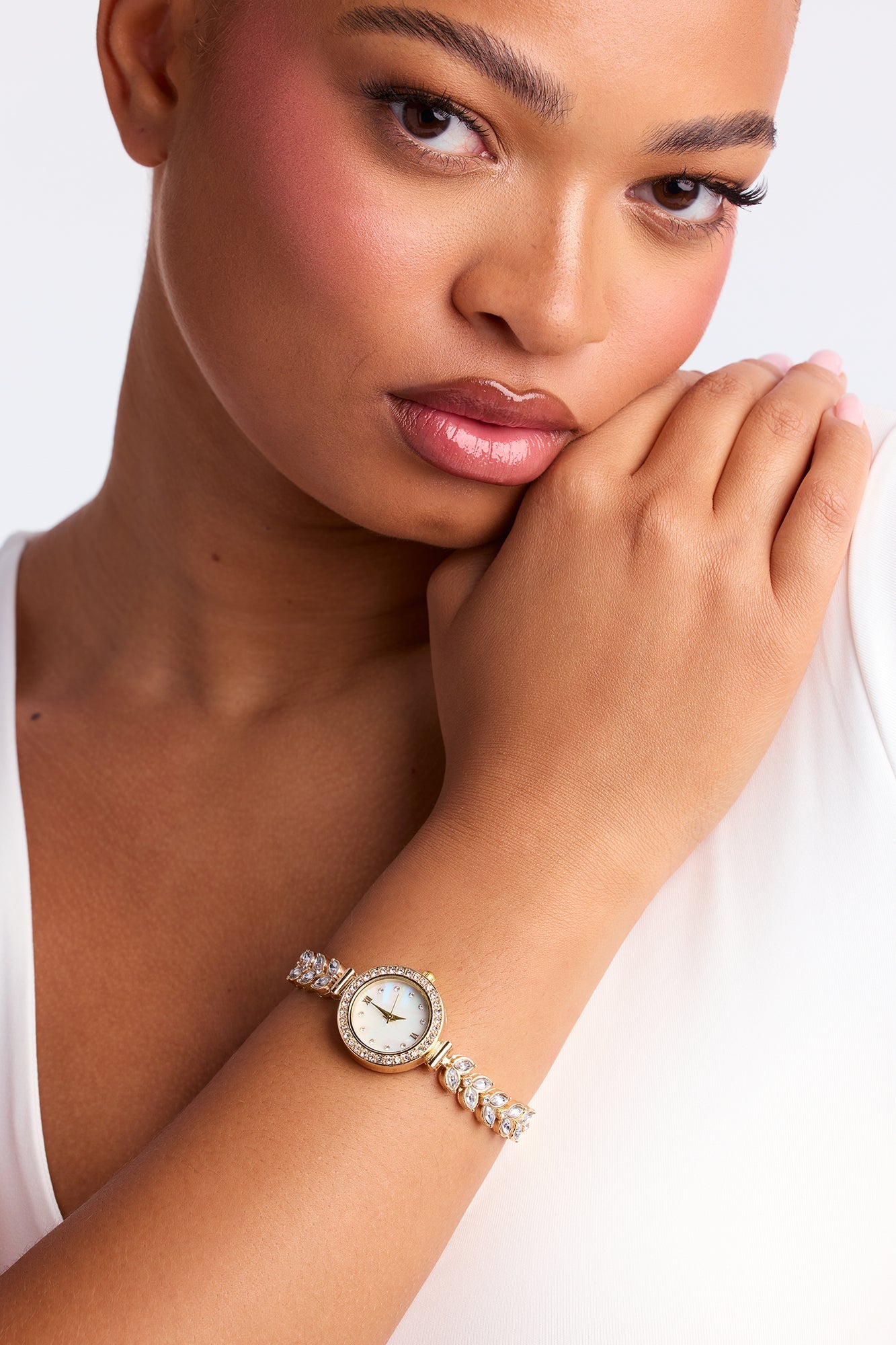 Ivory Wall Rhinestone Trim Embellished Skinny Watch - Gold