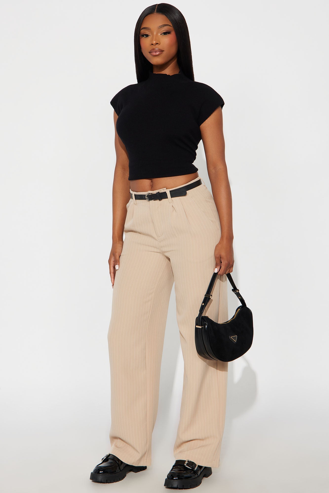 Make A Statement Belted Pinstripe Trouser Pant 31.5 - Beige