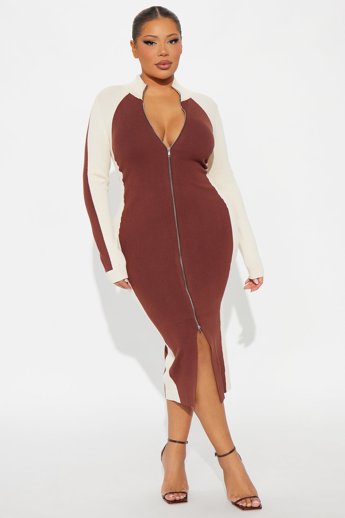 Coffee And Cream Color Block Sweater Midi Dress - Chocolate/Combo
