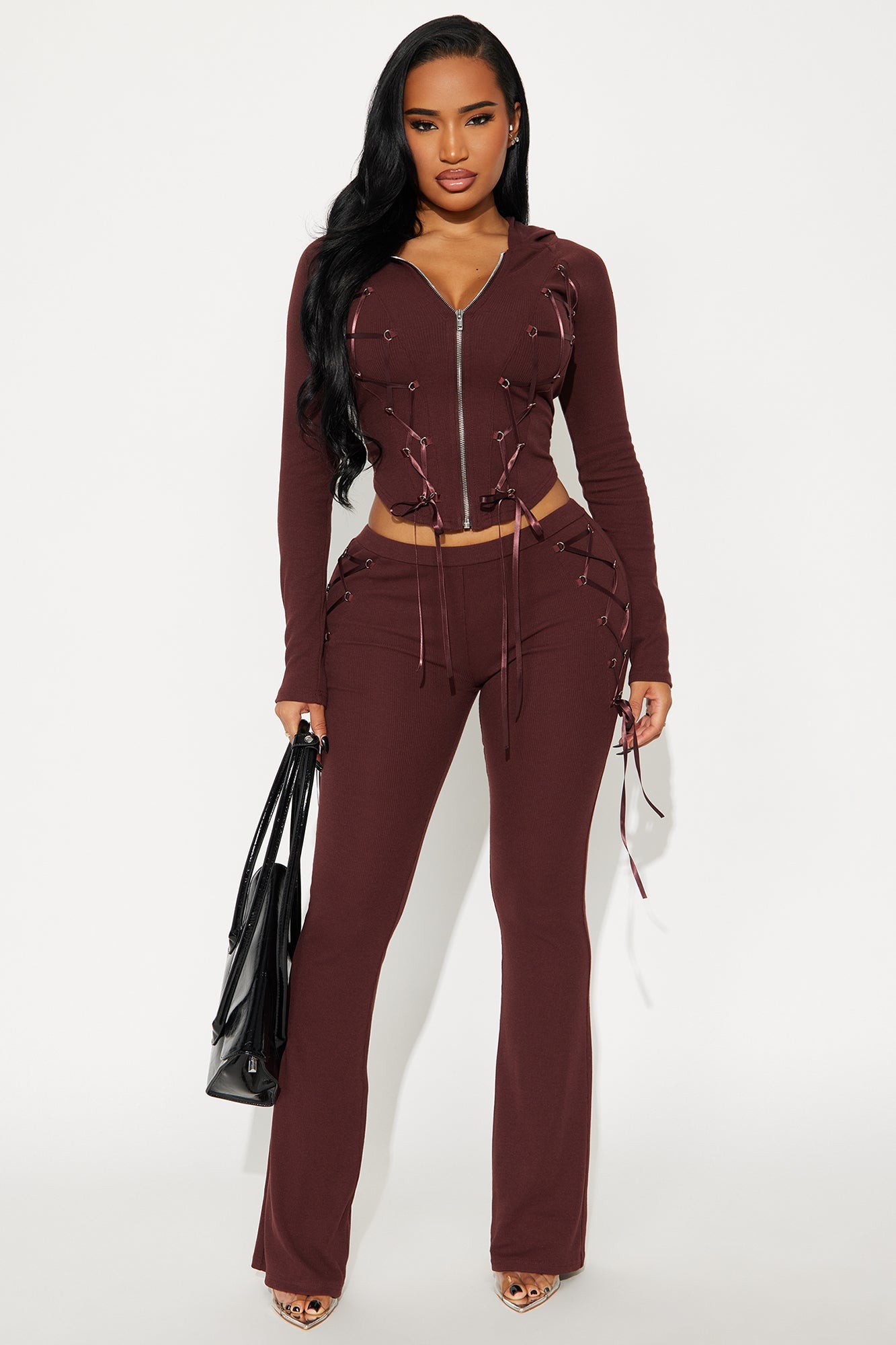 Lana Lace Up Ribbed Hoodie Pant Set - Chocolate