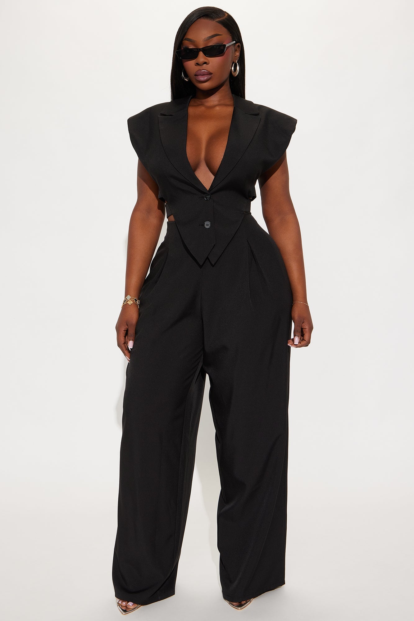 Power Play Bold Shoulder Vest Pant Set - Black