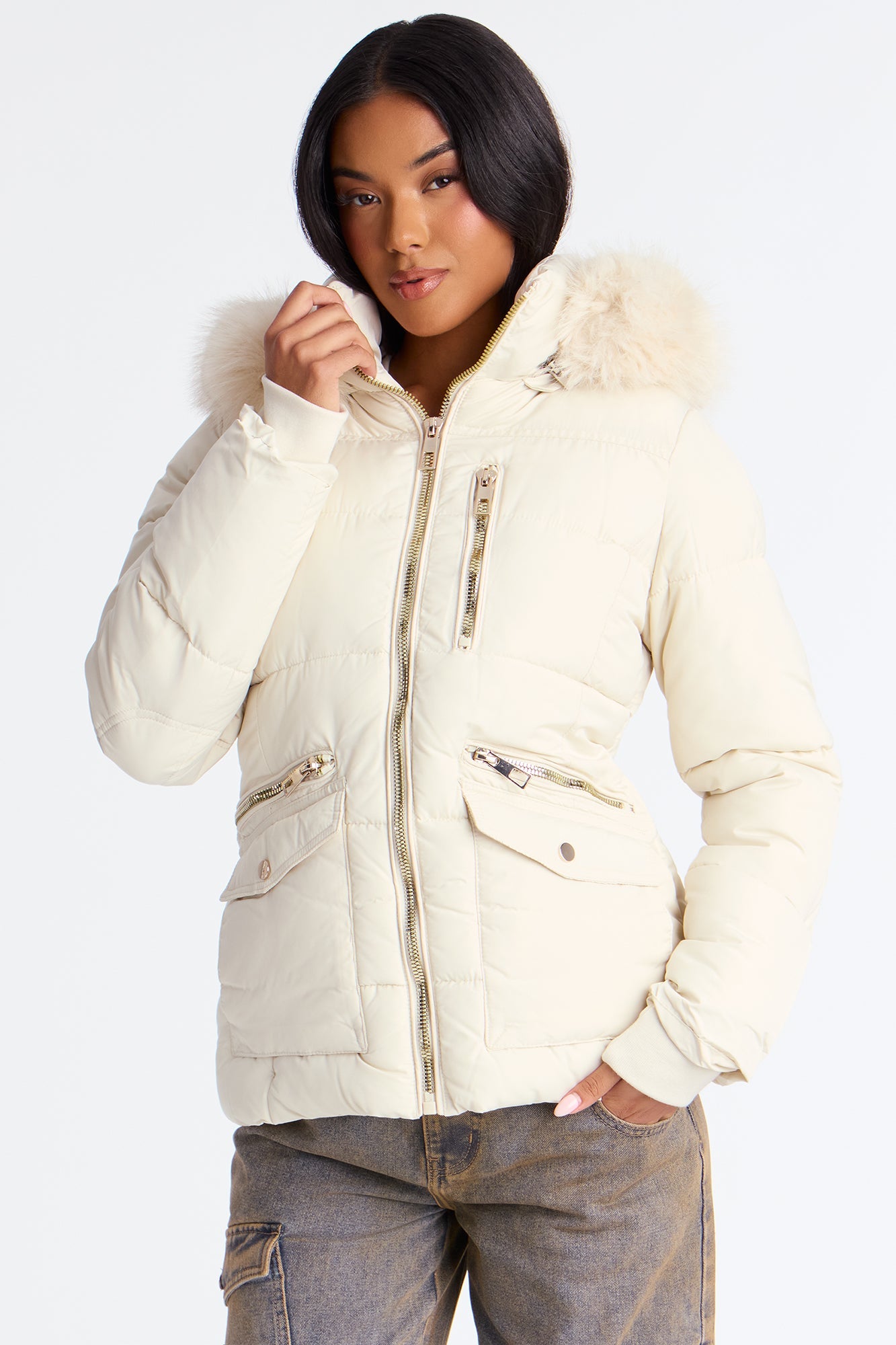 Trip To Aspen Fur Hooded Puffer Jacket - Pearl