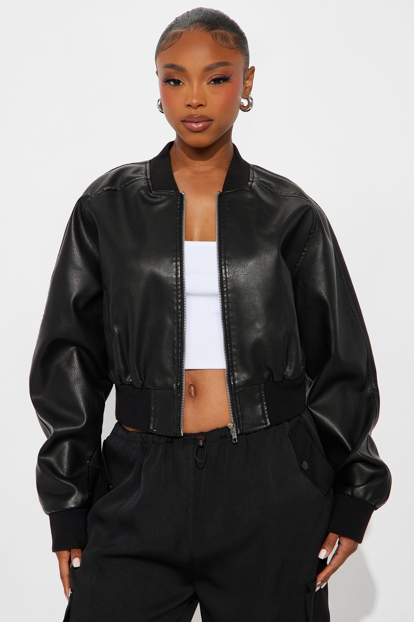 Reese Cropped Faux Leather Bomber Jacket - Black