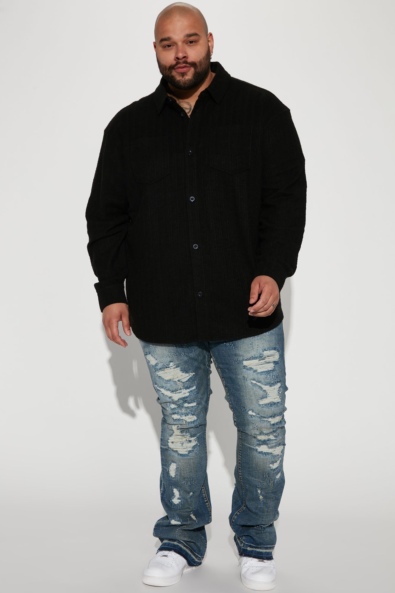 Dean Textured Long Sleeve Button Up Shirt - Black