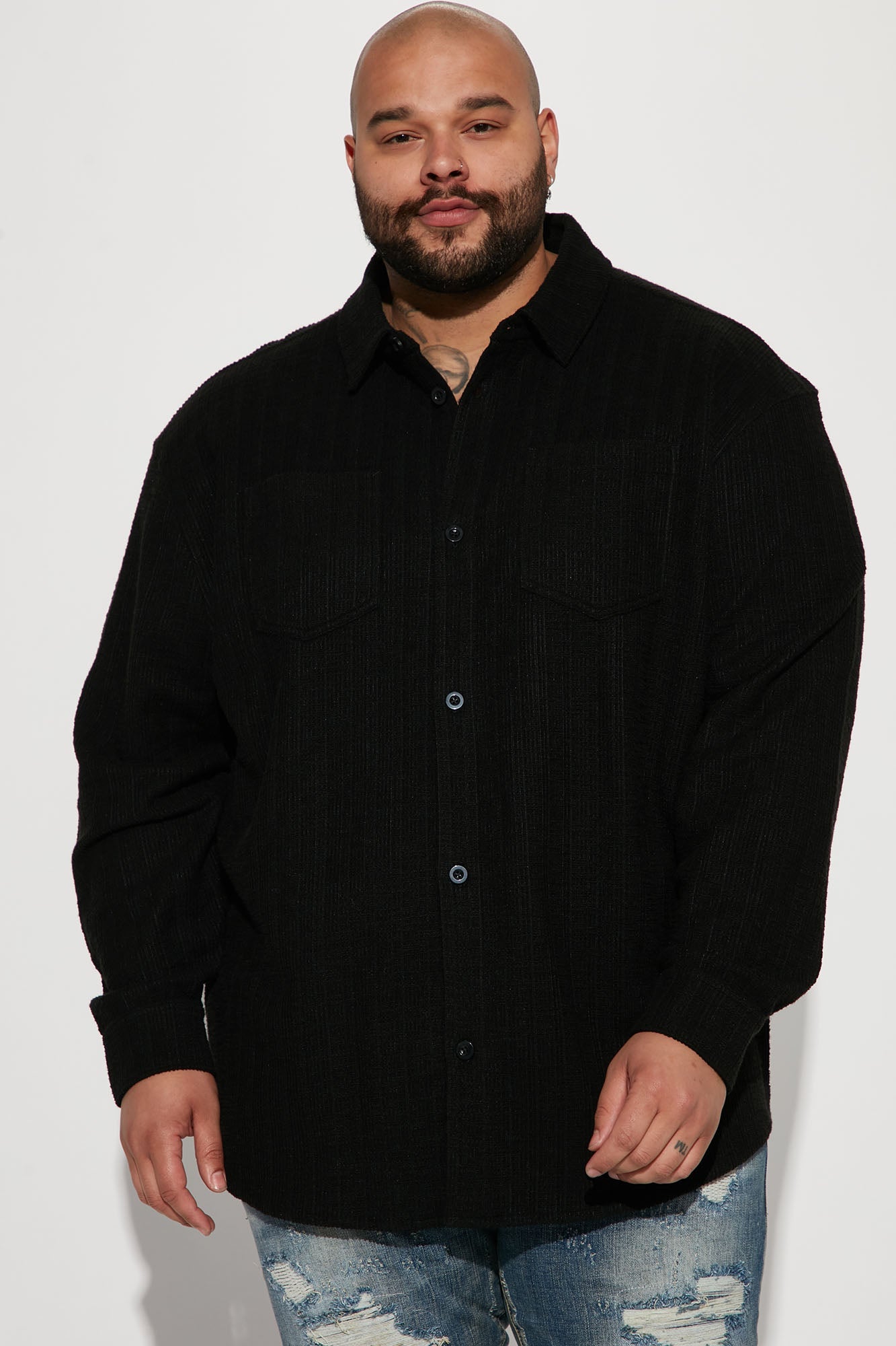 Dean Textured Long Sleeve Button Up Shirt - Black