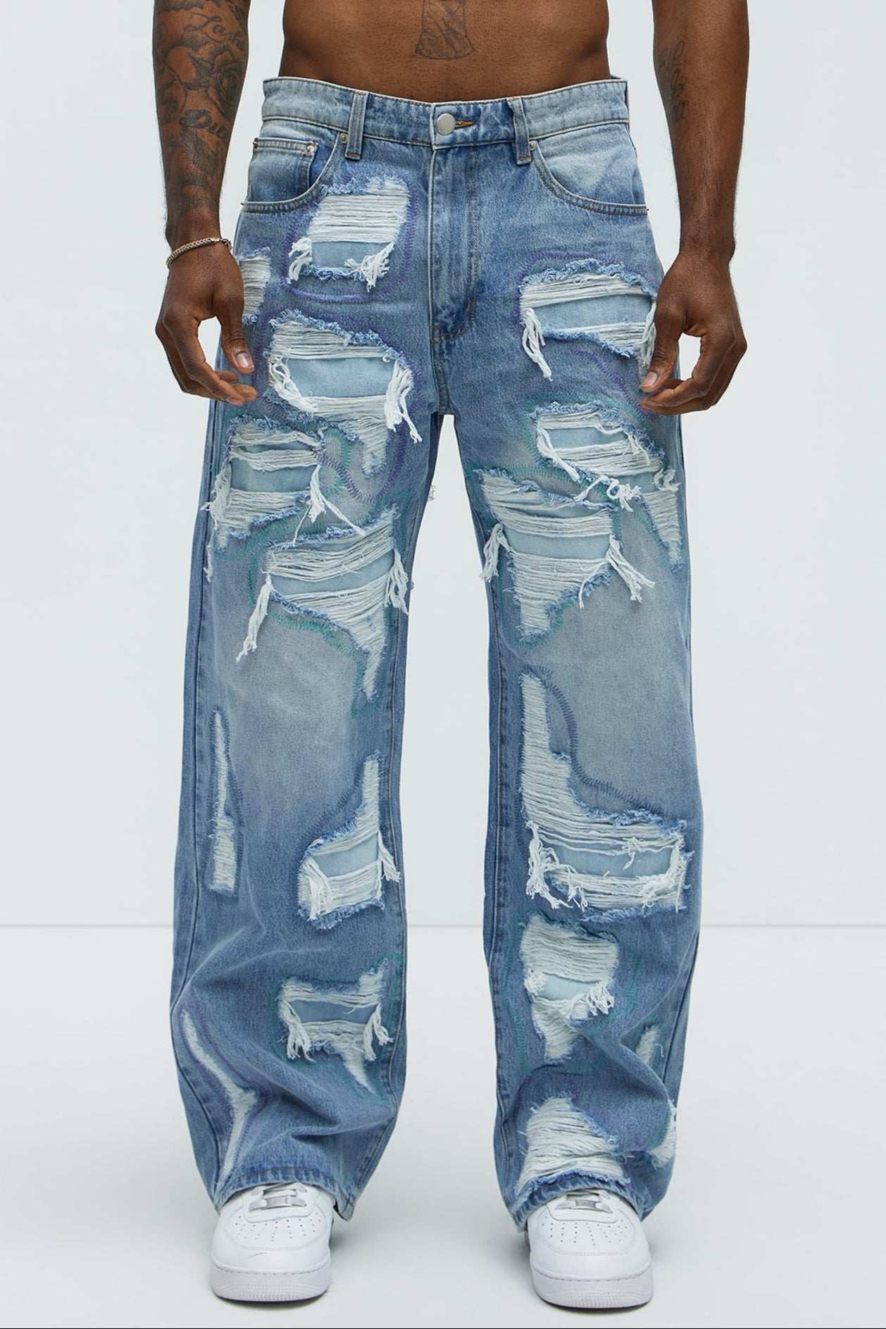 Worn All Over Distressed Baggy Jeans - Light Wash