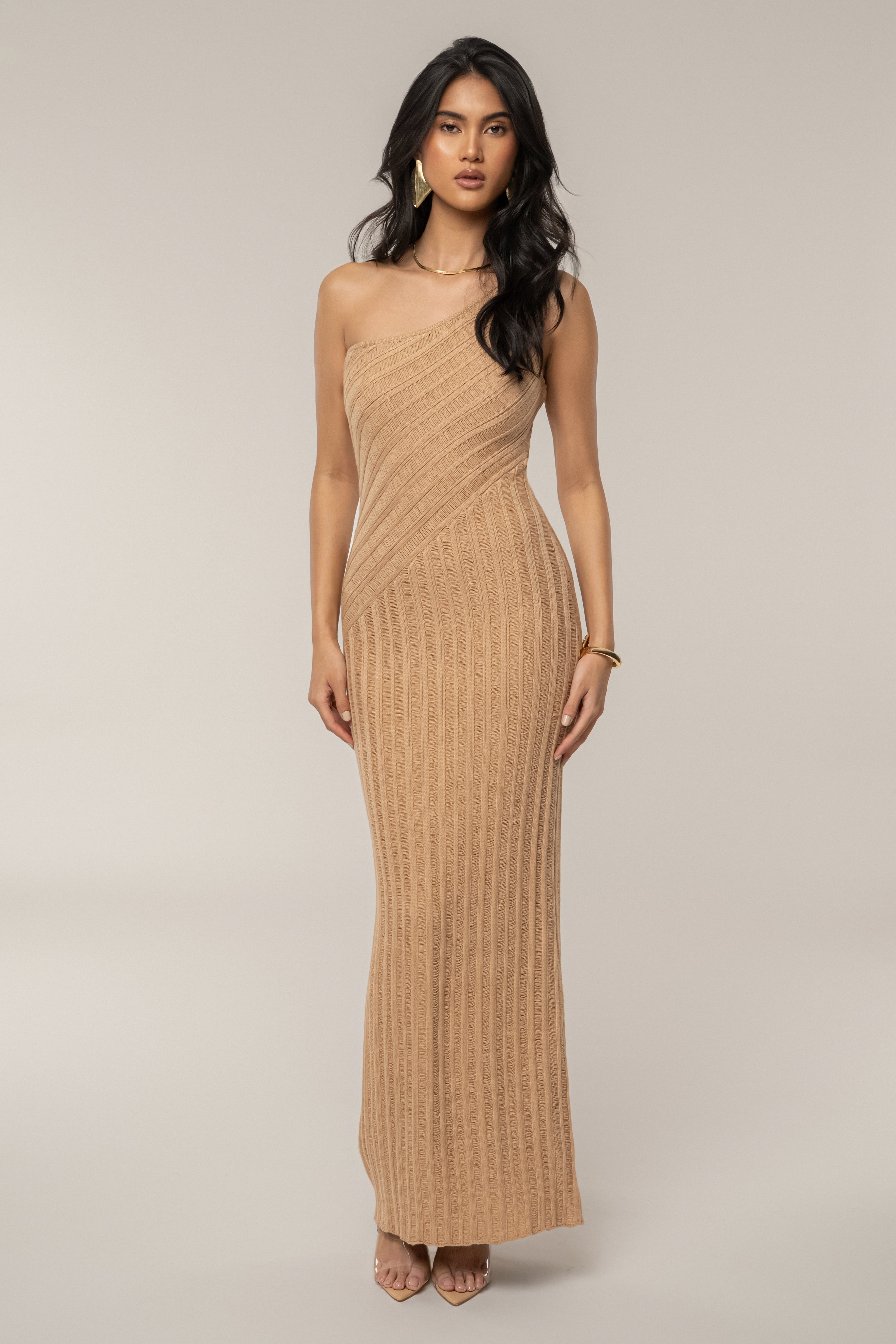 Tan Fringe Knit Maxi Dress