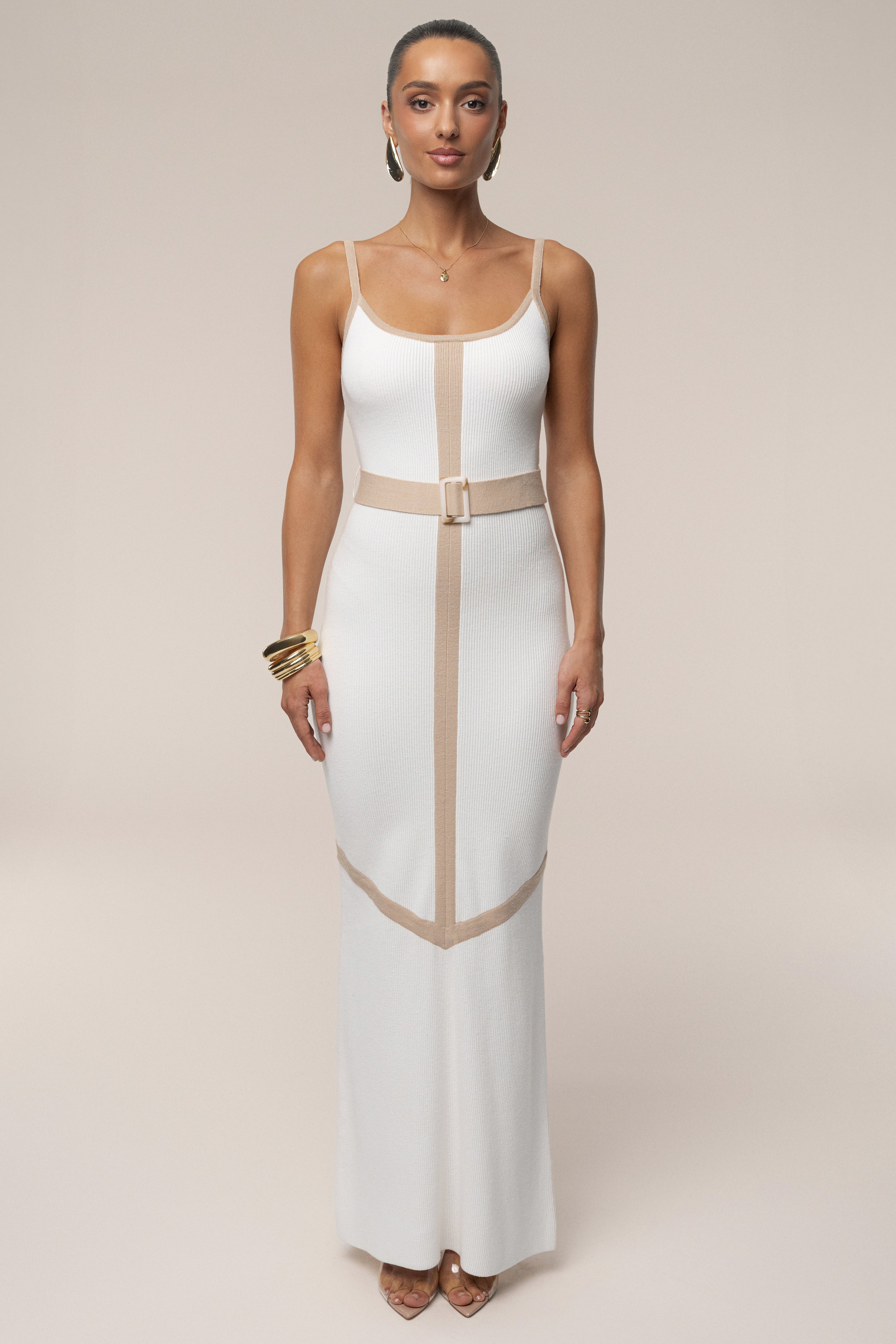Ivory/Beige Belted Cami Maxi Dress