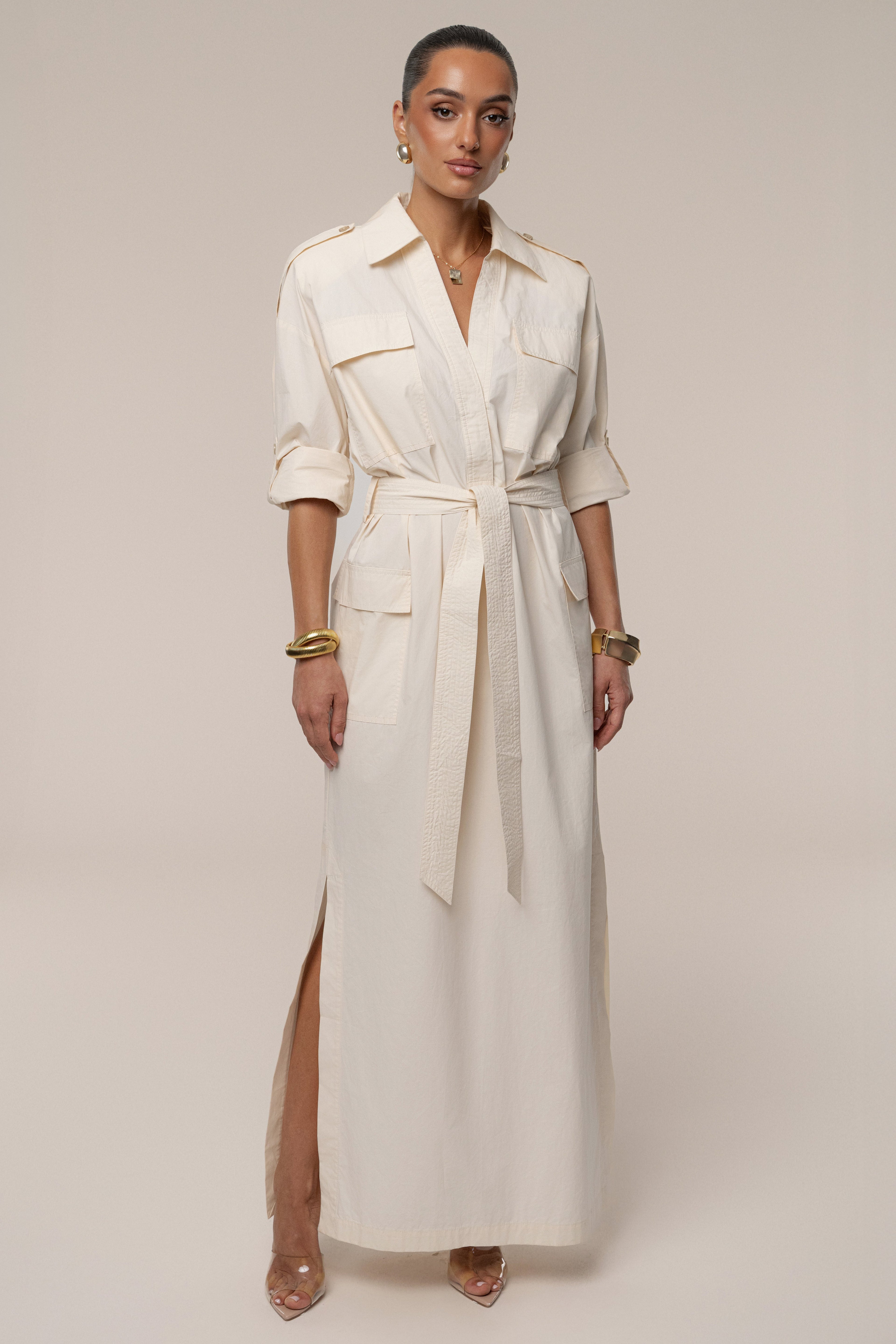 Buttercream Harbor Shore Belted Maxi Dress
