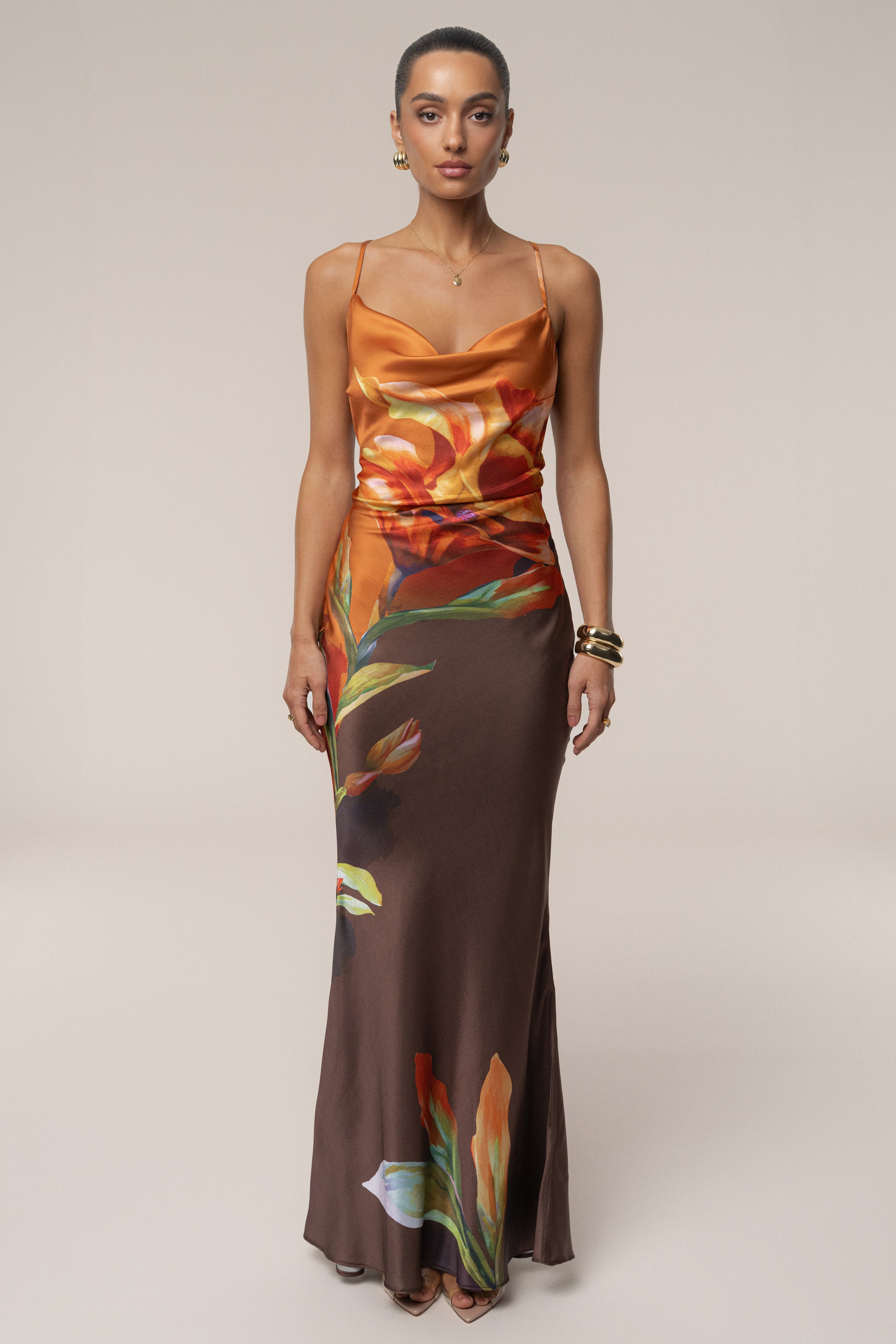 Brown Satin Floral Print Maxi Dress