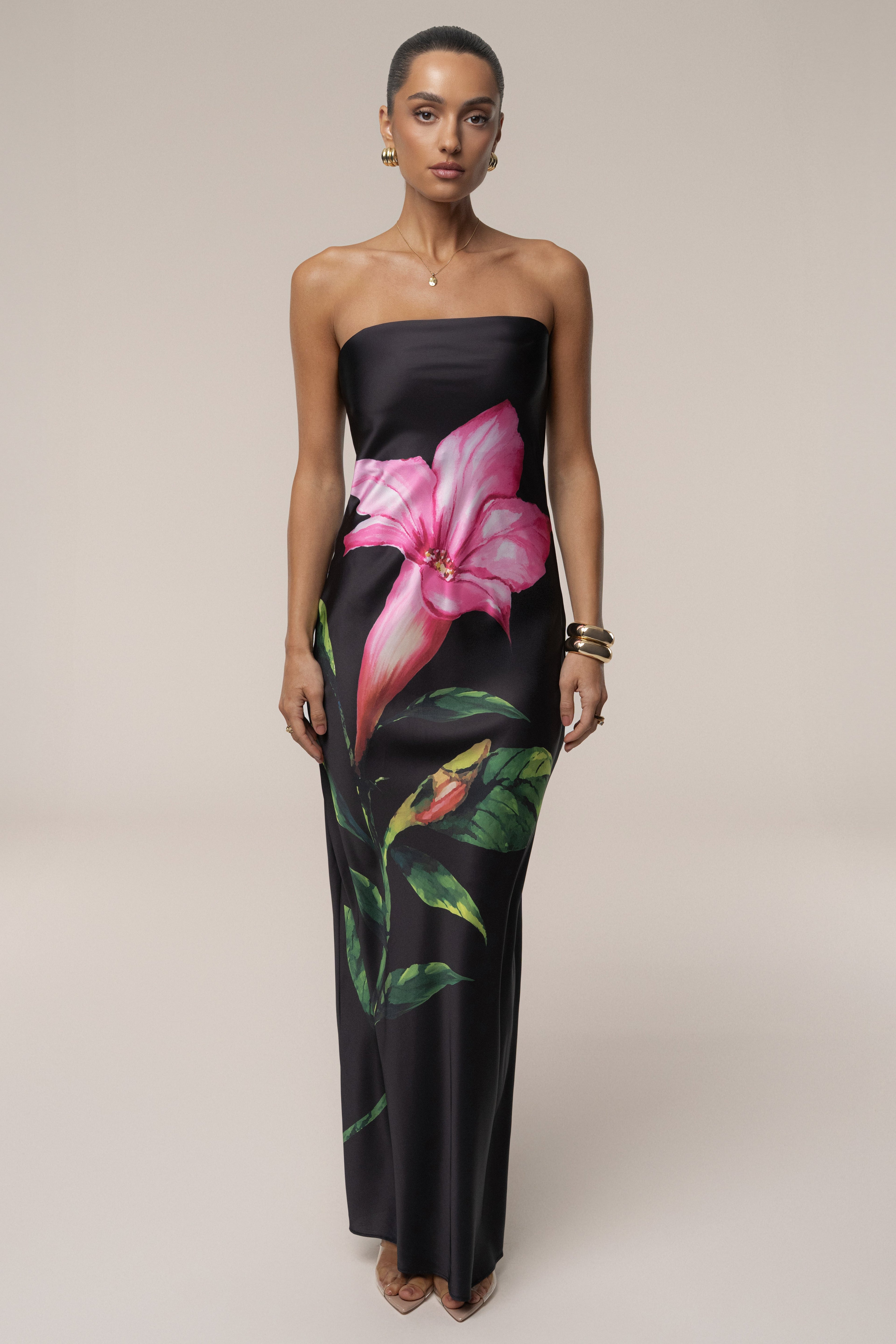 Black Blossom Satin Maxi Dress
