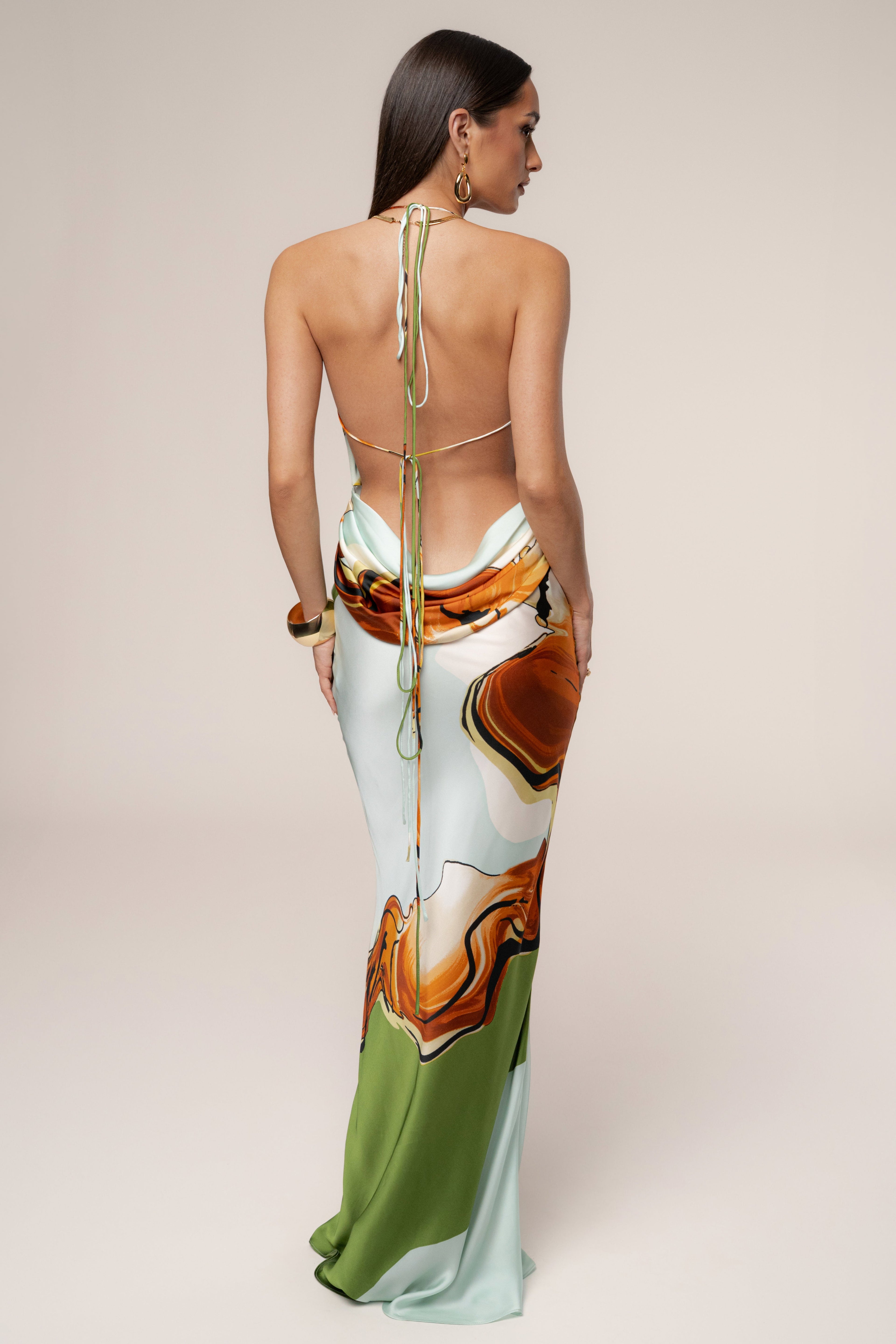 Green Tropical Print Golden Touch Satin Dress