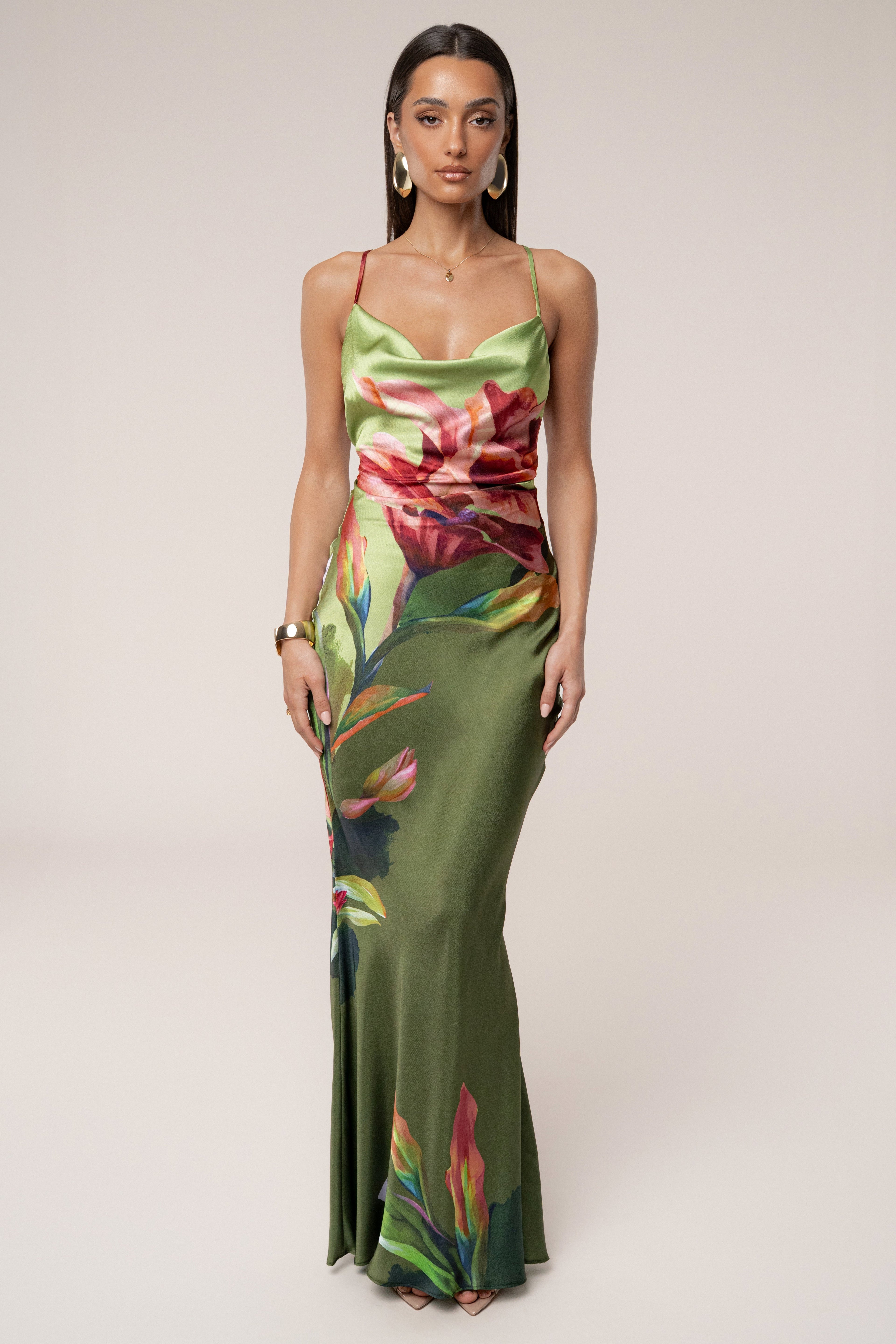 Green Satin Floral Print Maxi Dress