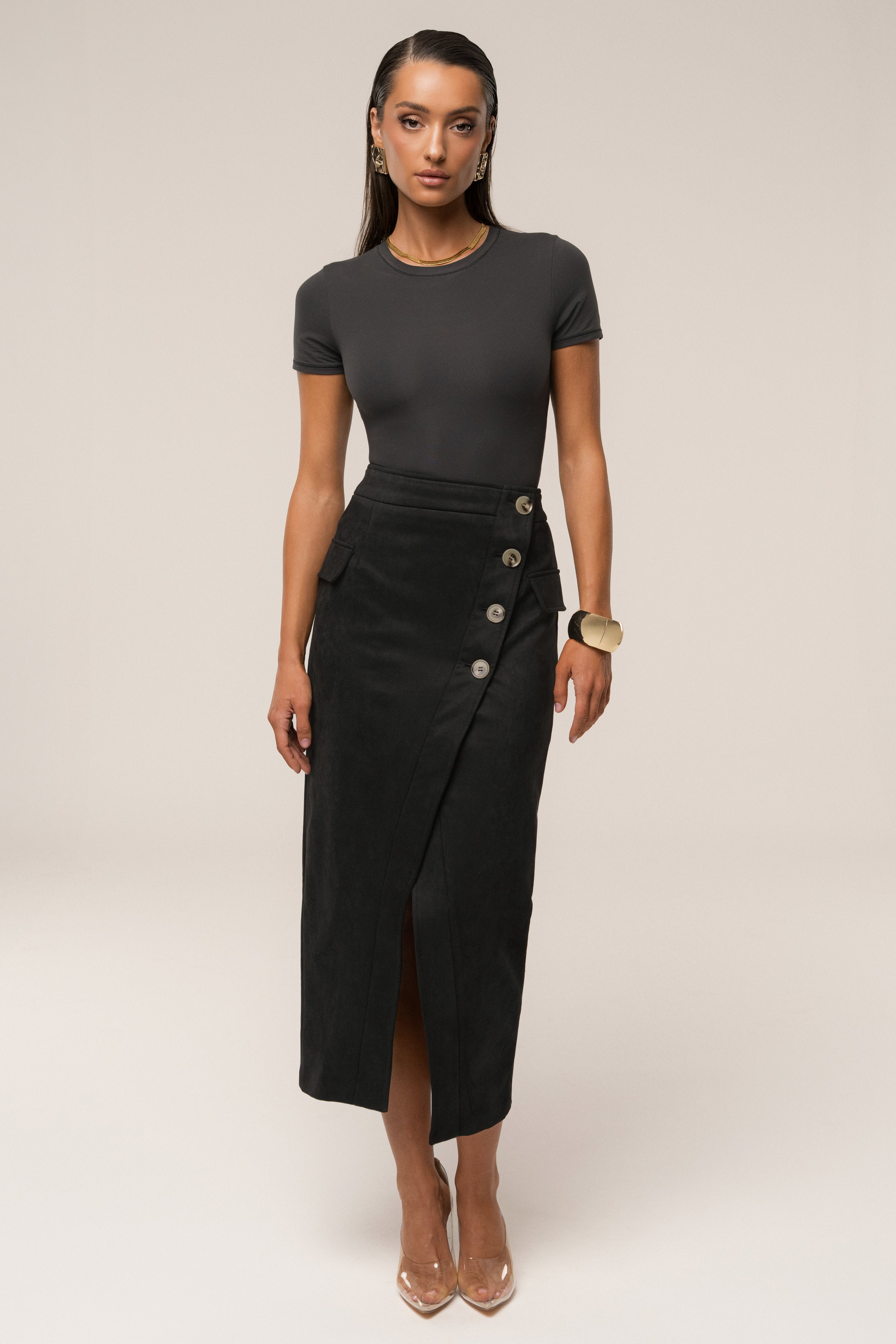 Black Audrey Suede Midi Skirt