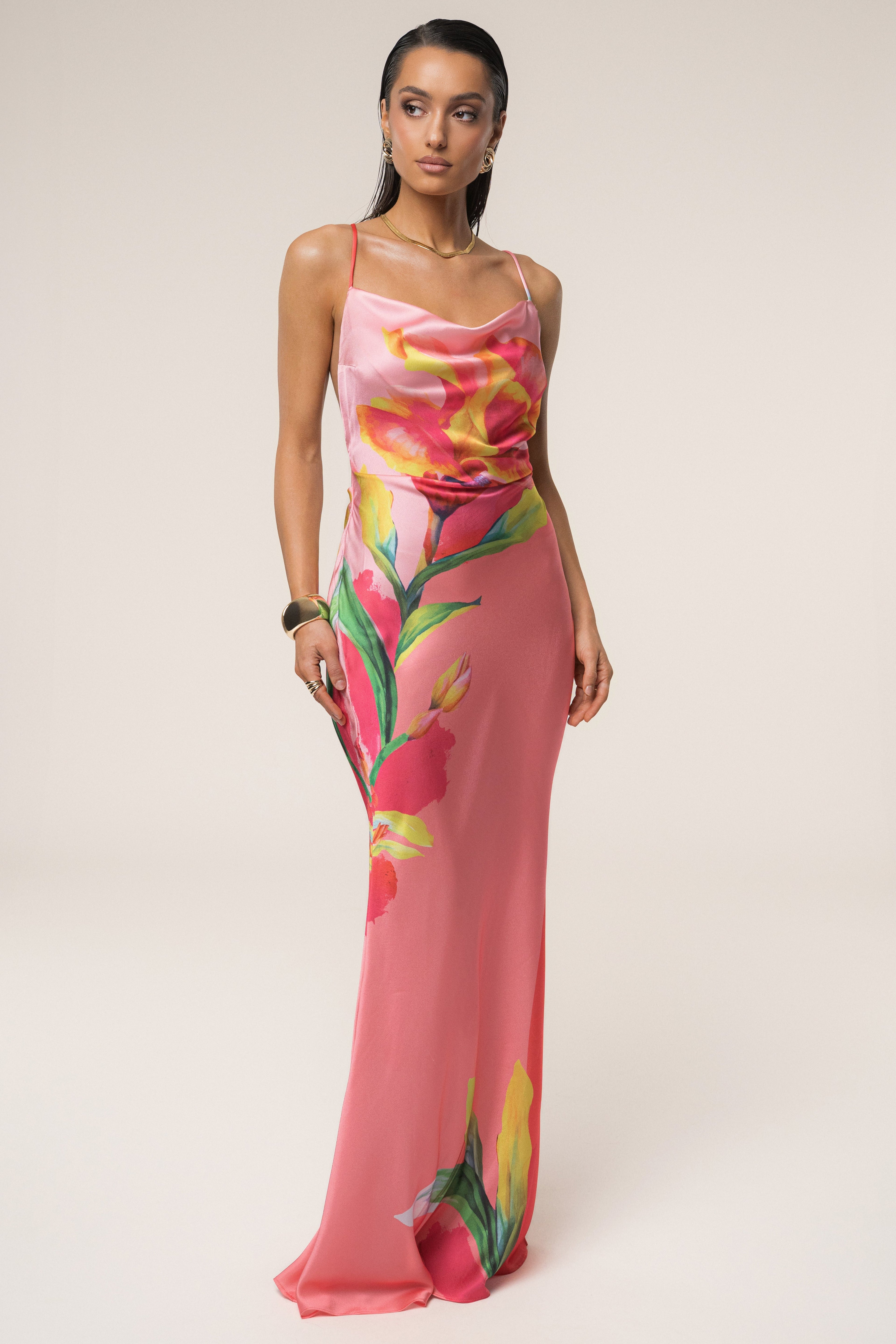 Pink Satin Floral Print Maxi Dress
