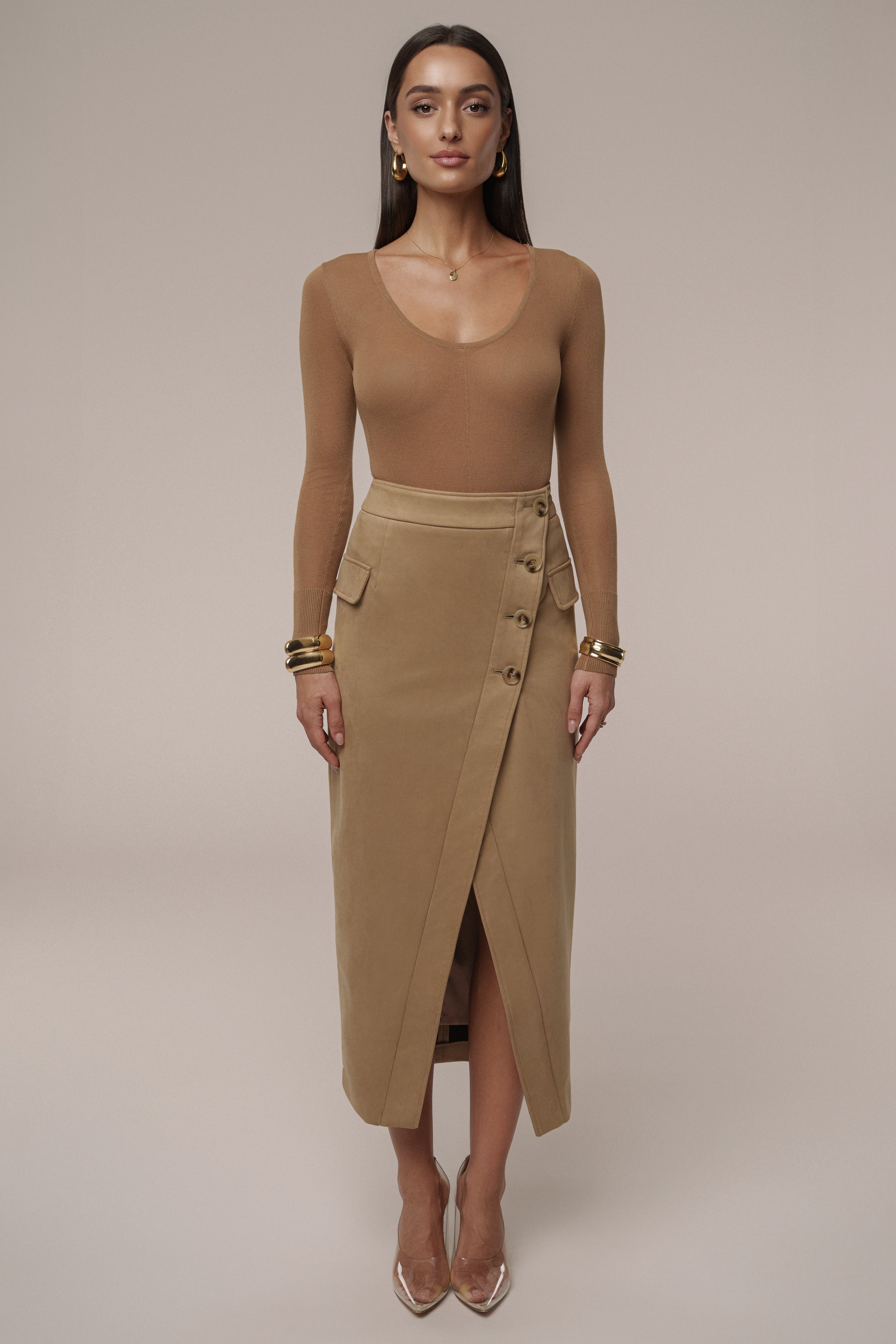 Beige Audrey Suede Midi Skirt