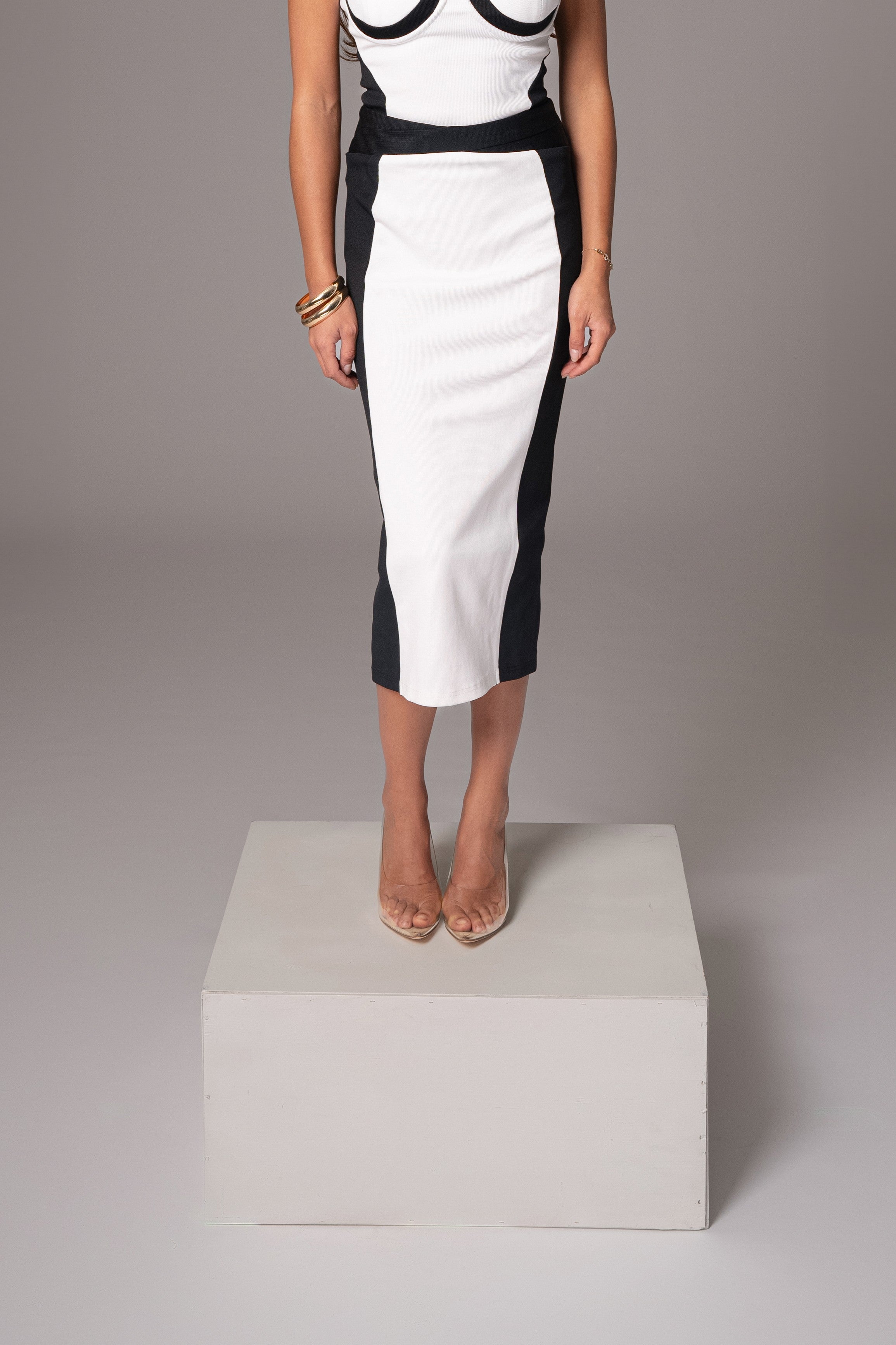 Black/White Celebration Colorblock Midi Skirt